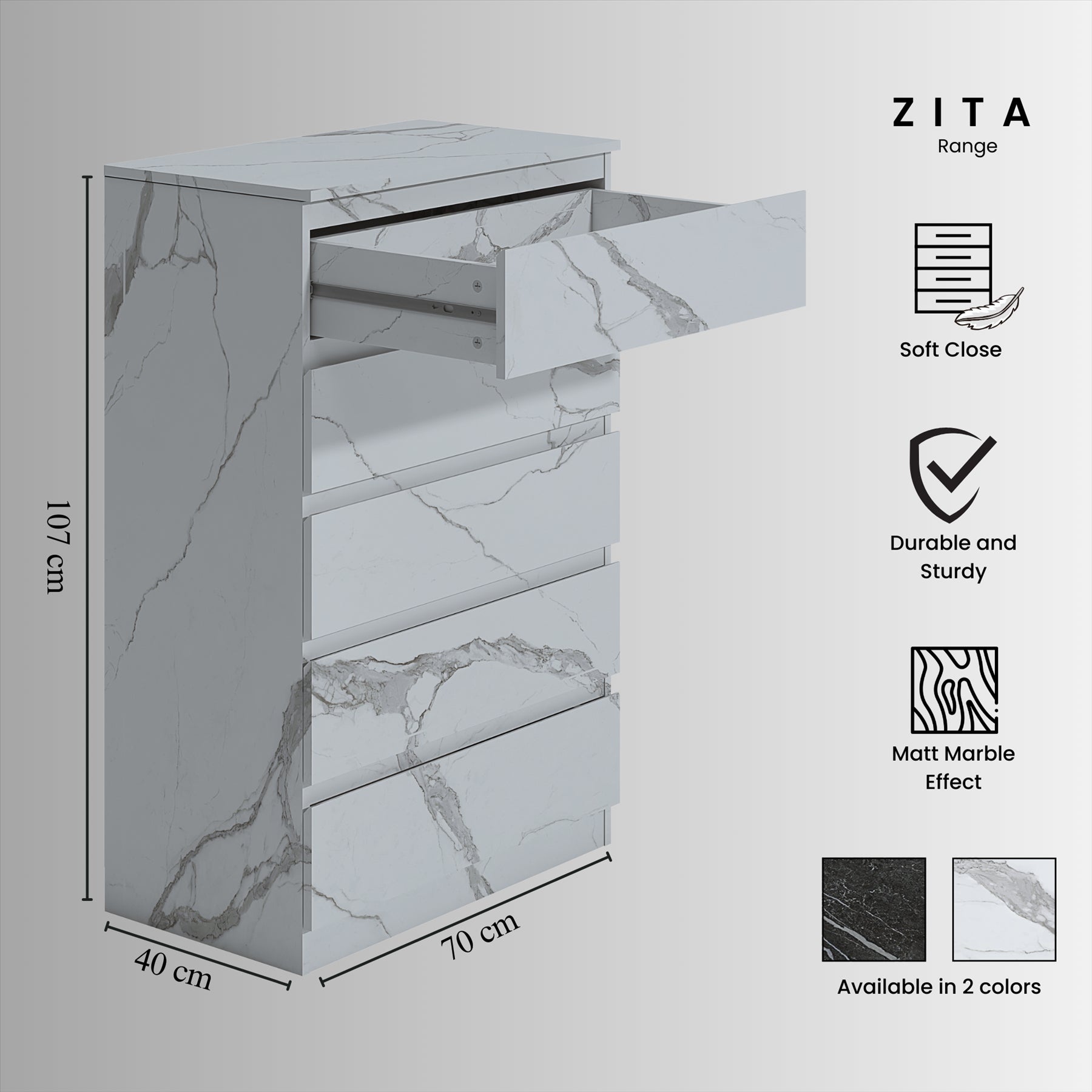 ZITA White Marble Effect 3 Piece Bedroom Set - 1-Door Wardrobe, Chest & Bedside Table, Stylish Modern Storage Furniture