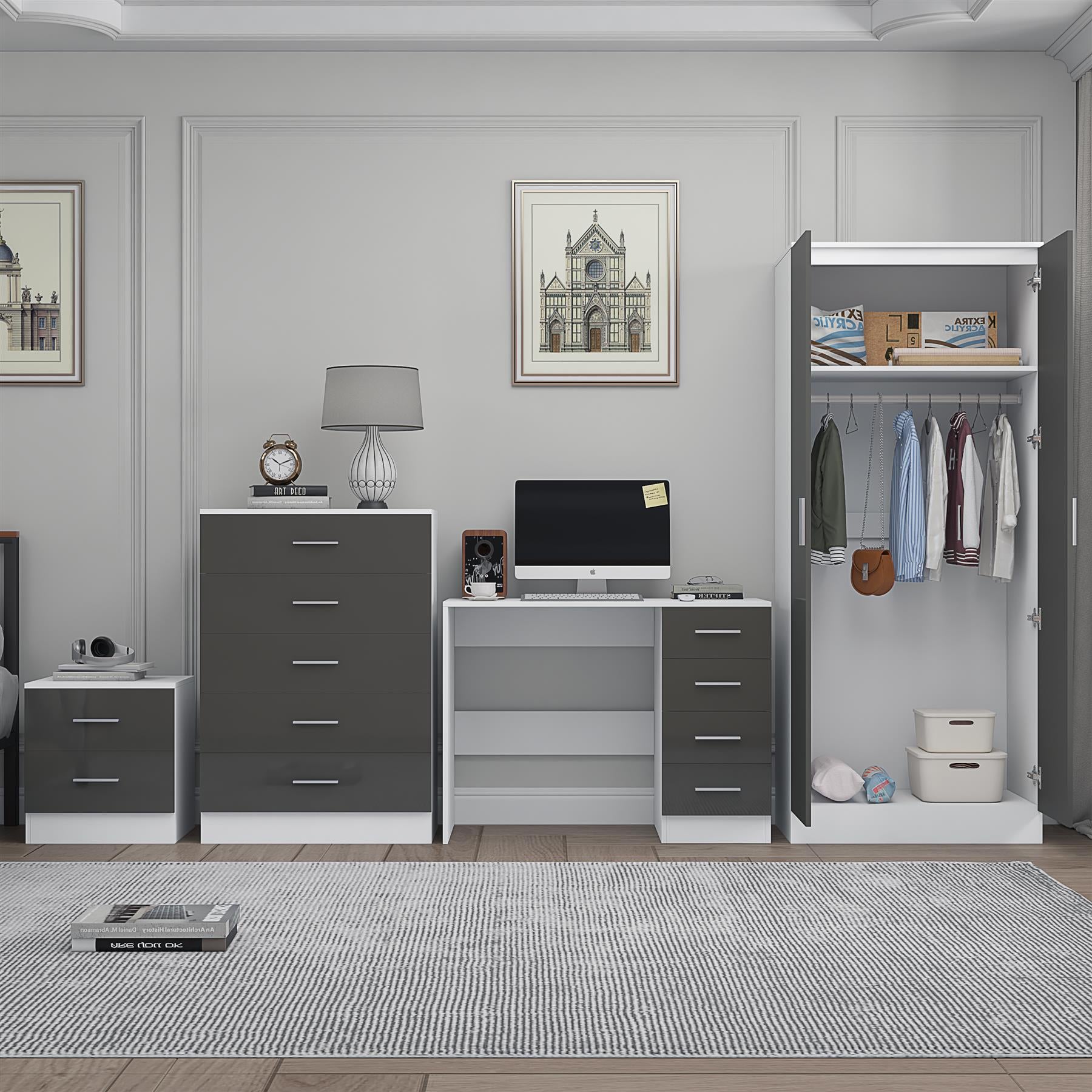 Reflect 2 Door Plain Wardrobe, 5 Drawer Chest, 2 Drawer Bedside & Desk - Grey Gloss & Matt White - Modern Bedroom Furniture Set