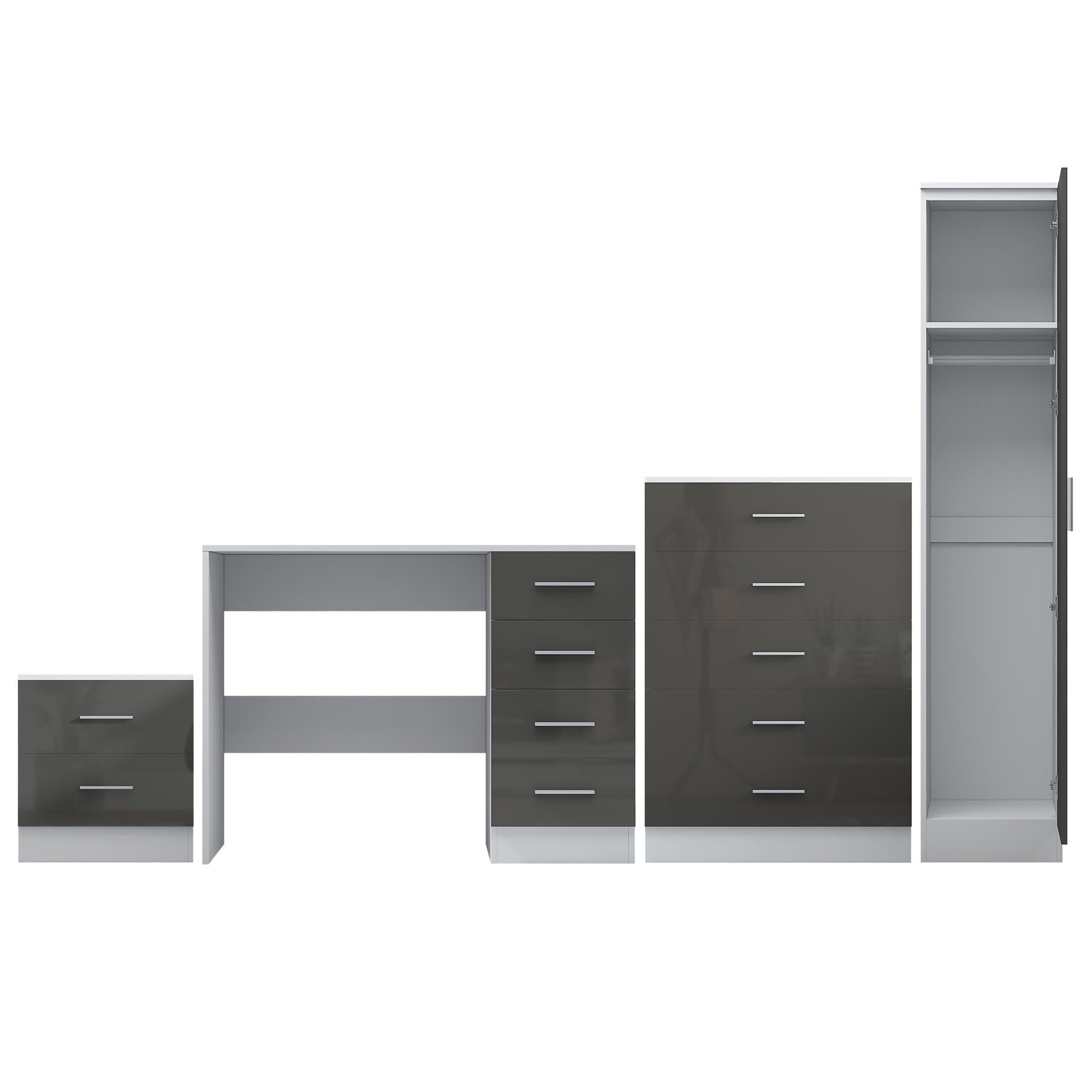 Reflect 1 Door Plain Wardrobe, 5 Drawer Chest, 2 Drawer Bedside & Desk - Grey Gloss & Matt White - Bedroom Furniture Set