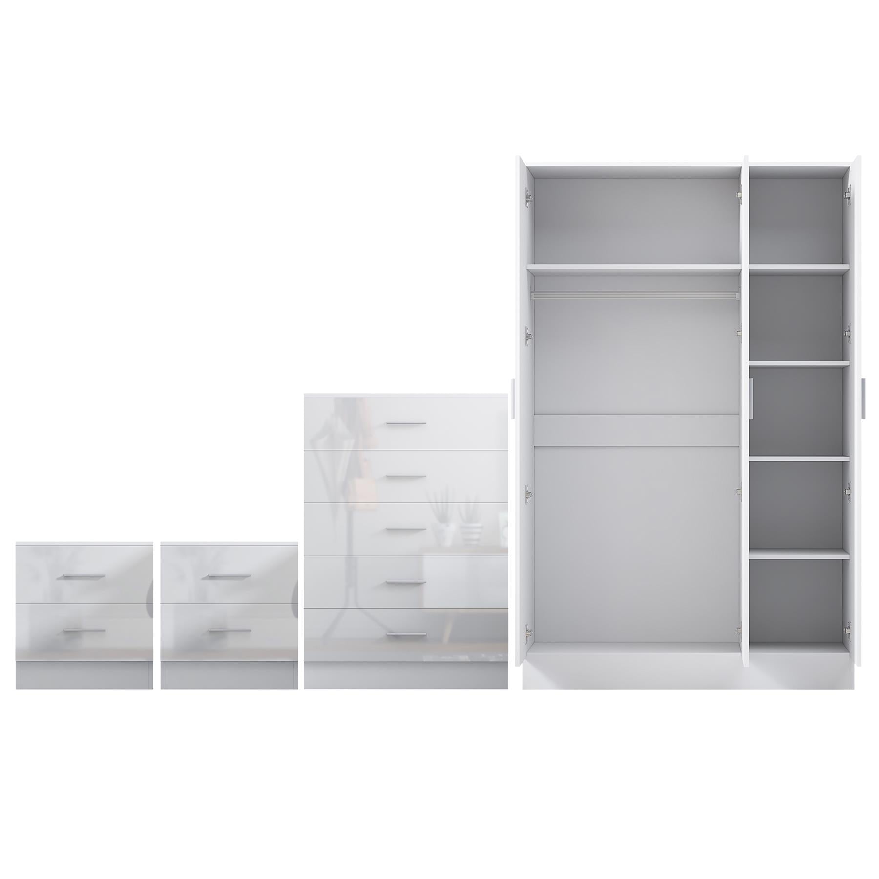REFLECT Gloss 4pc Set - 3 Door Mirrored Wardrobe + 5 Draw Chest + 2 Bedsides