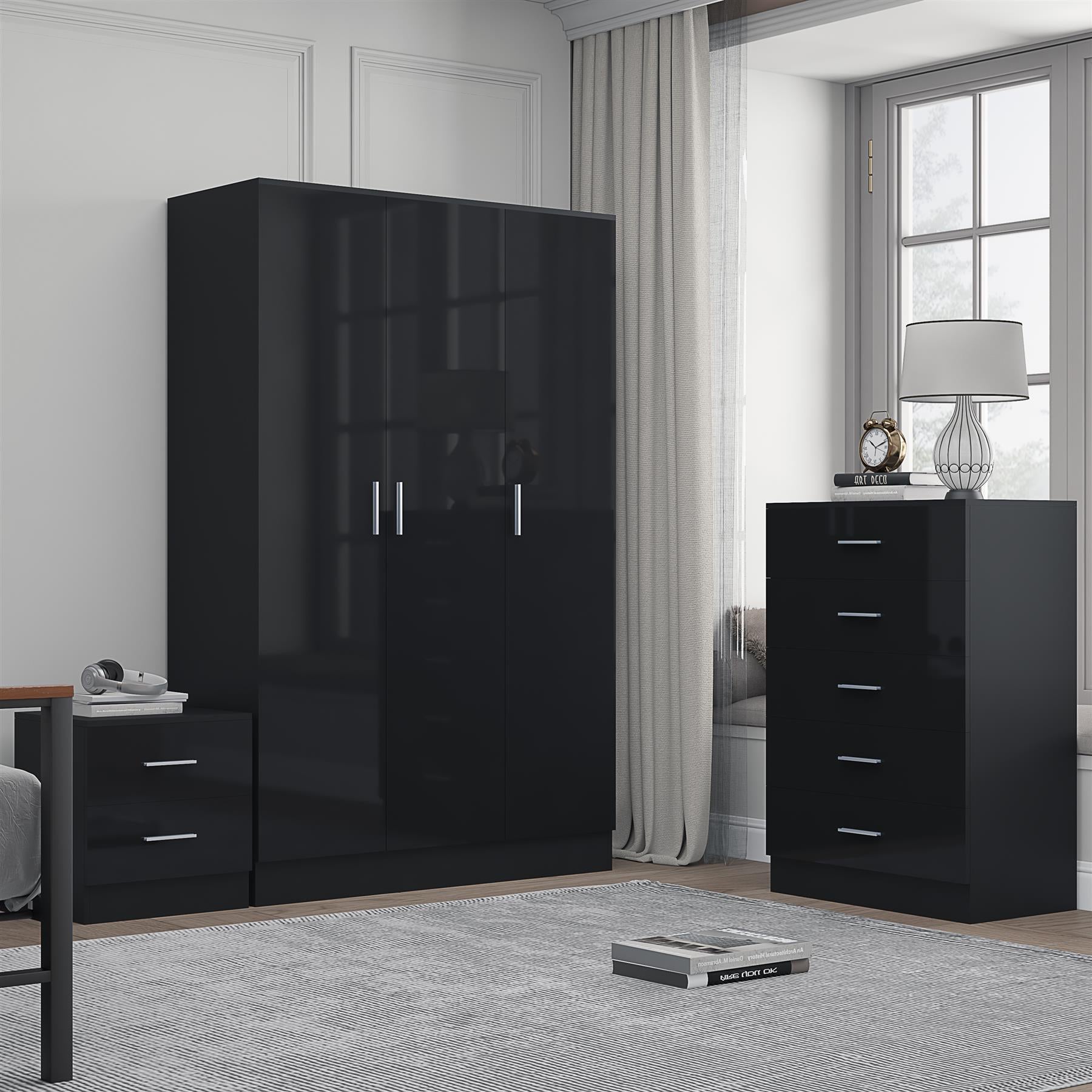 Reflect 3 Door Plain Wardrobe, 5 Drawer Chest, 2 Drawer Bedside - Black Gloss & Black Oak - Modern Bedroom Furniture Set