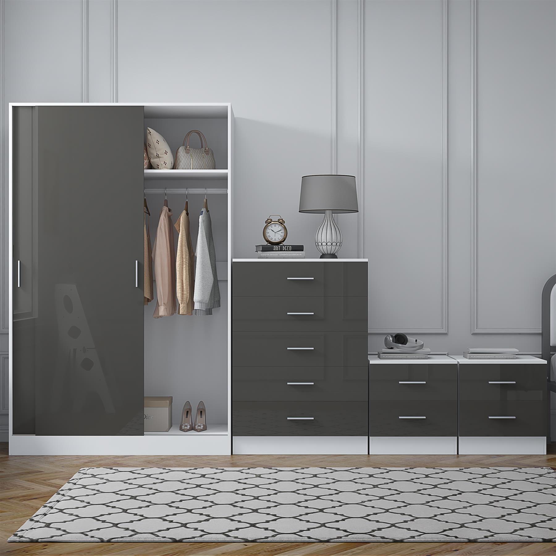 Reflect 2 Door Sliding Wardrobe, 5 Drawer Chest, 2x 2 Drawer Bedsides - Grey Gloss & Matt White - Modern Bedroom Furniture Set