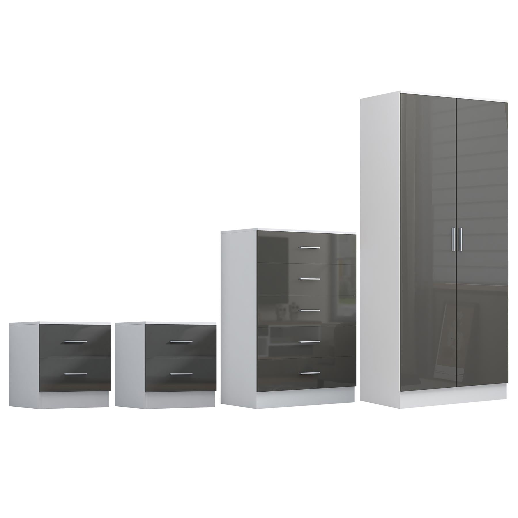 Reflect 2 Door Plain Wardrobe, 5 Drawer Chest, 2x 2 Drawer Bedsides - Grey Gloss & Matt White - Modern Bedroom Furniture Set