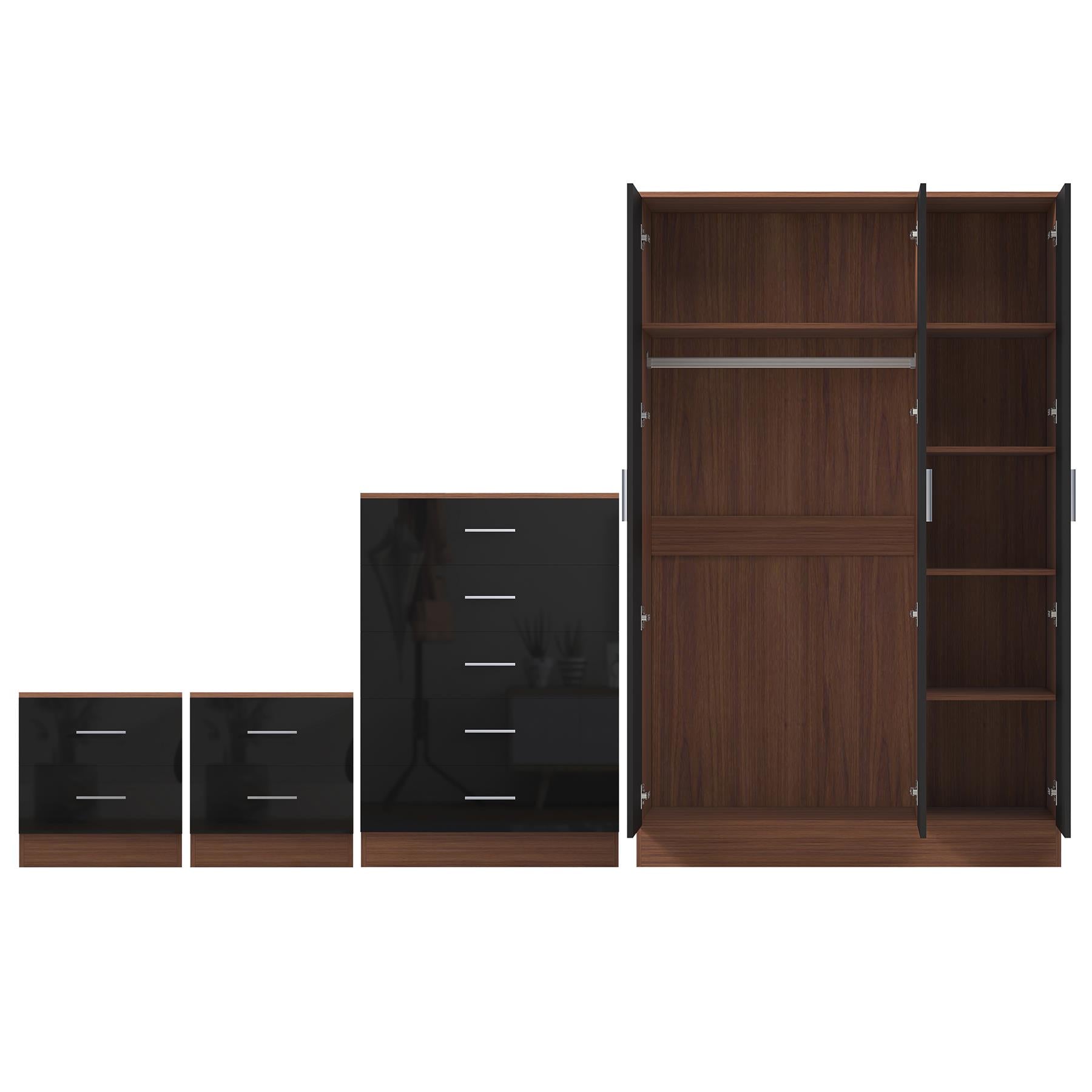 REFLECT Gloss 4pc Set - 3 Door Mirrored Wardrobe + 5 Draw Chest + 2 Bedsides