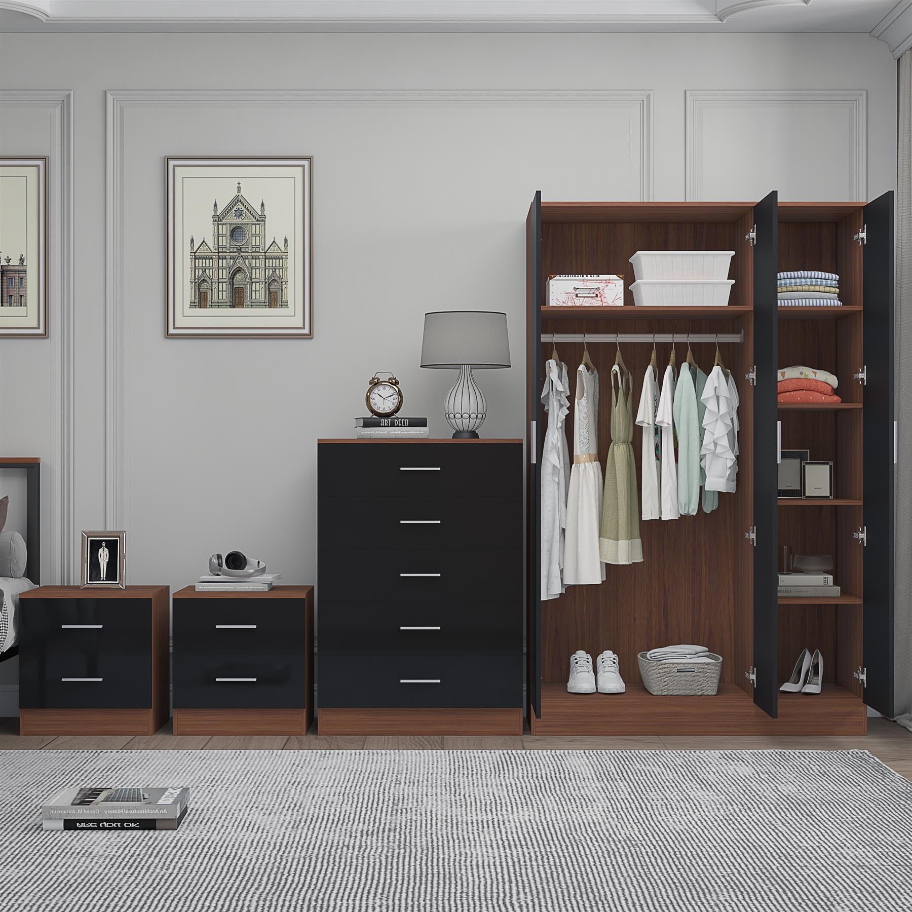 REFLECT Gloss 4pc Set - 3 Door Mirrored Wardrobe + 5 Draw Chest + 2 Bedsides