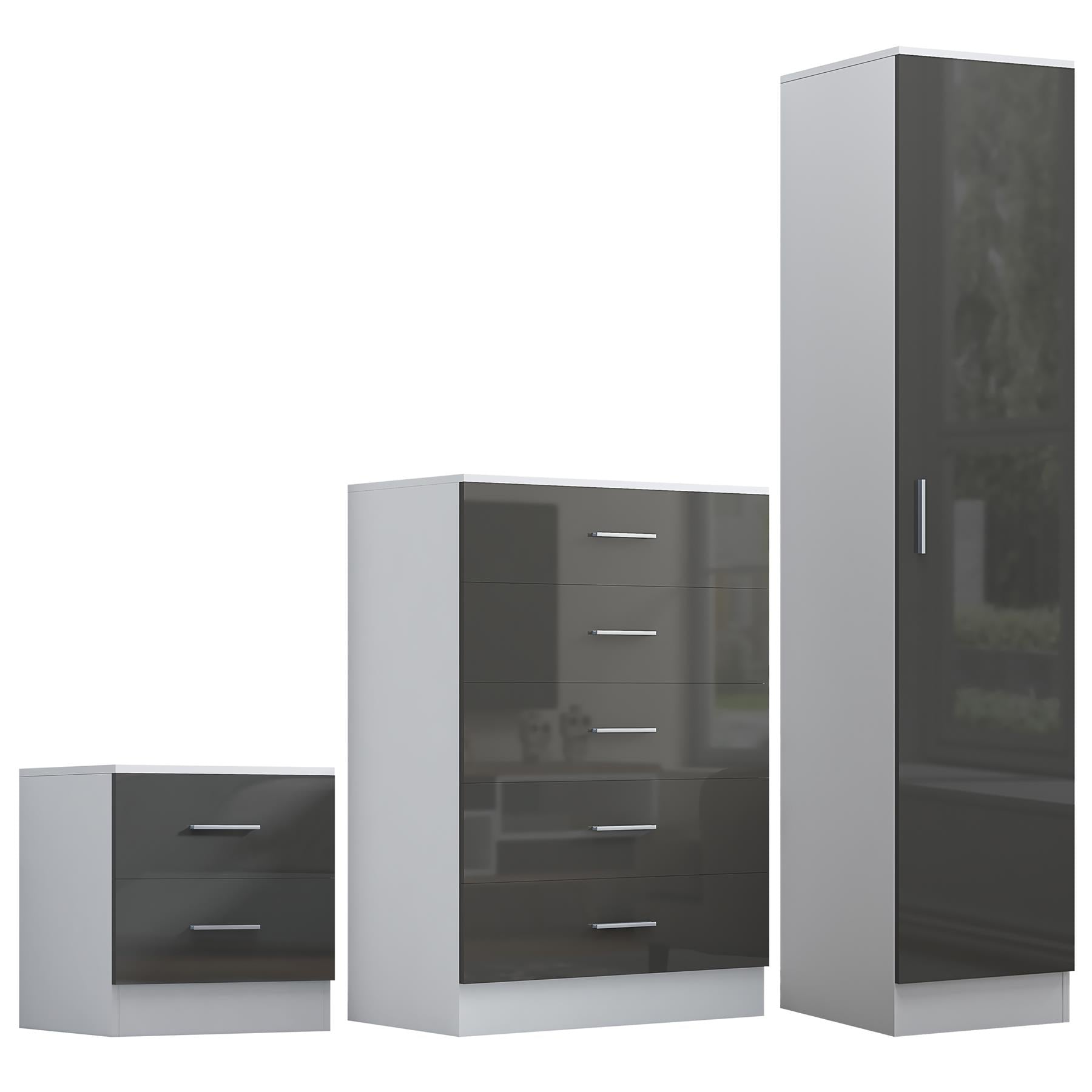 Reflect 1 Door Plain Wardrobe, 5 Drawer Chest, 2 Drawer Bedside - Grey Gloss & Matt White - Bedroom Furniture Set