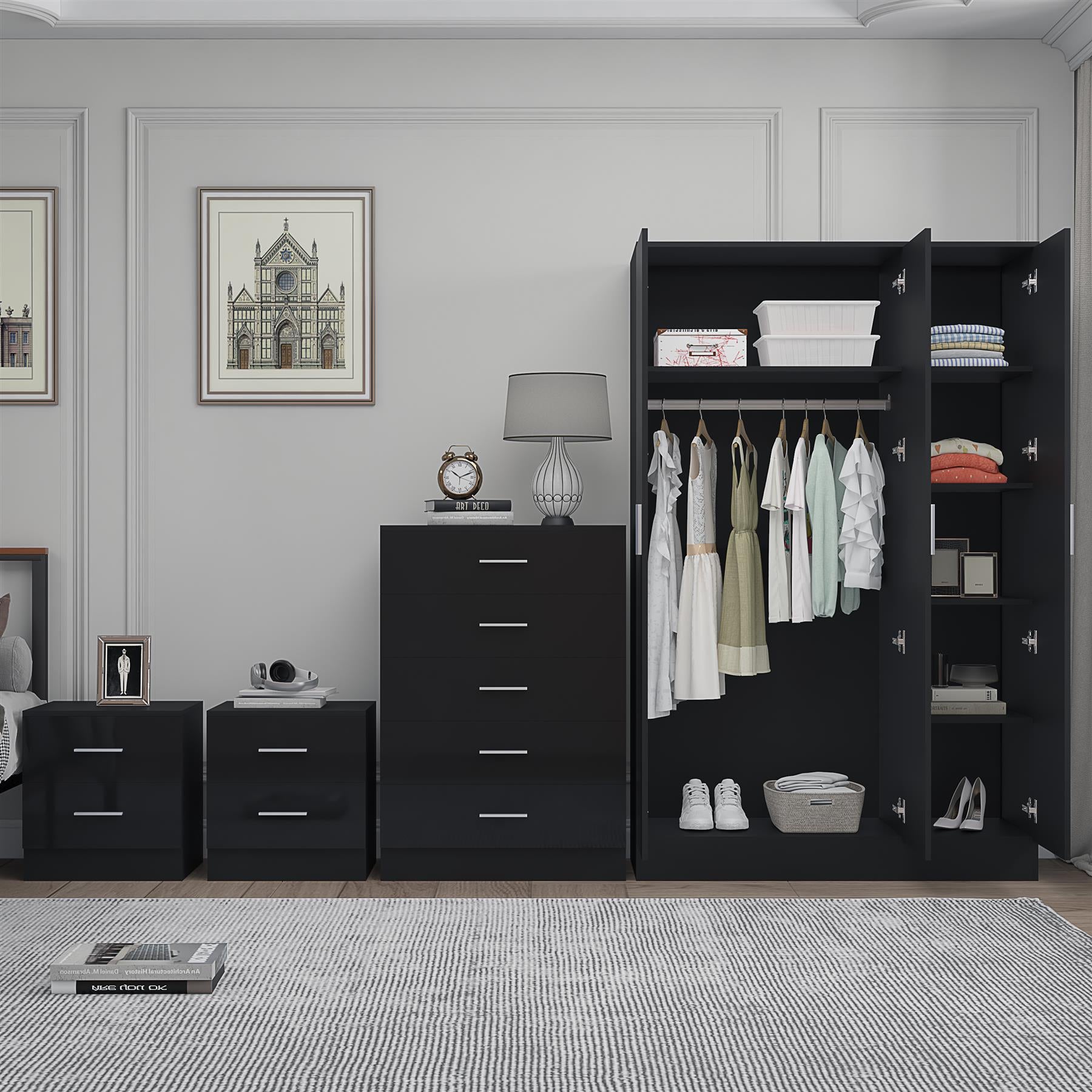 REFLECT Gloss 4pc Set - 3 Door Mirrored Wardrobe + 5 Draw Chest + 2 Bedsides