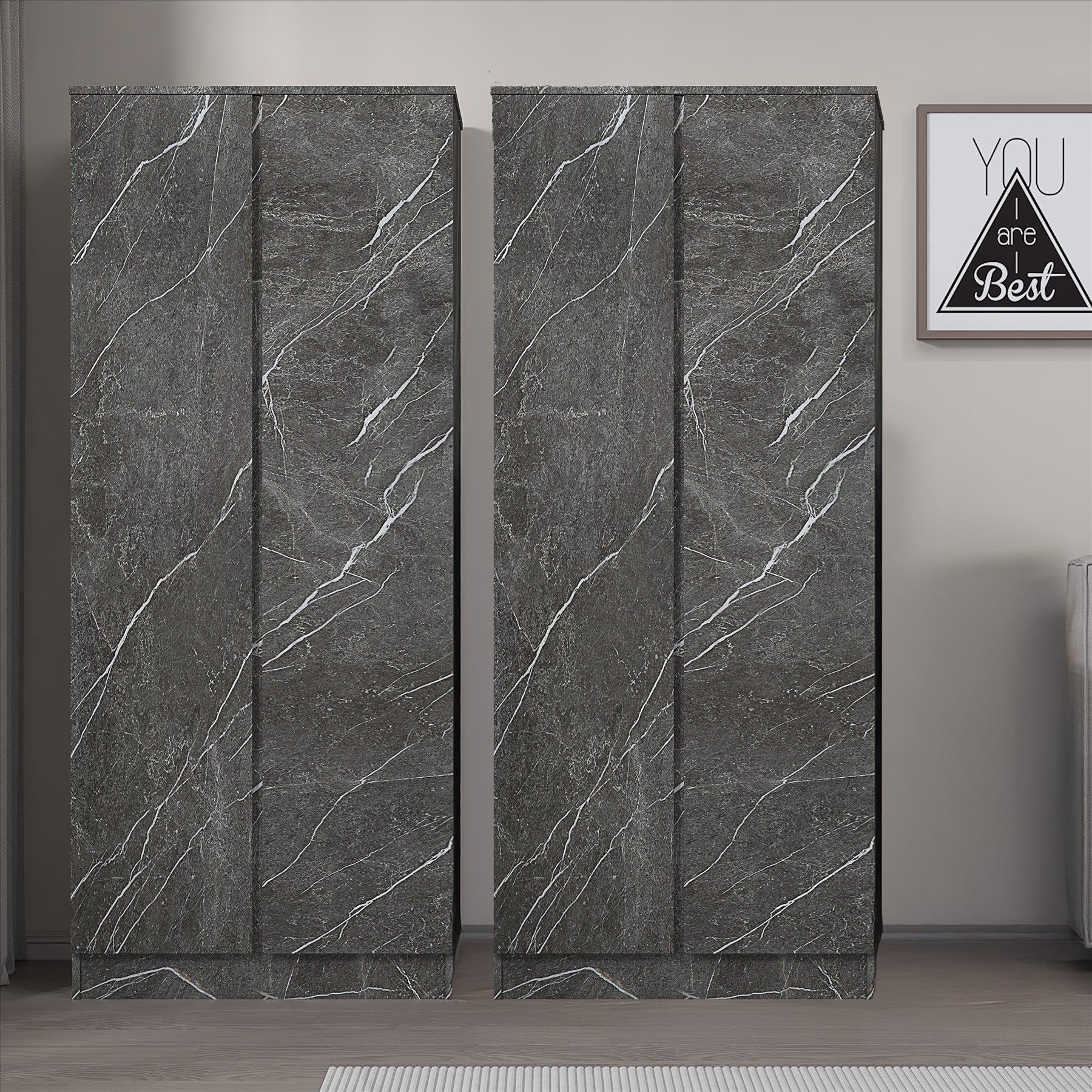 ZITA Grey Marble Effect 2 Piece Wardrobe Bundle - 2 x 2-Door Wardrobes, (L) 50cm x (W) 76cm x (H) 180cm.