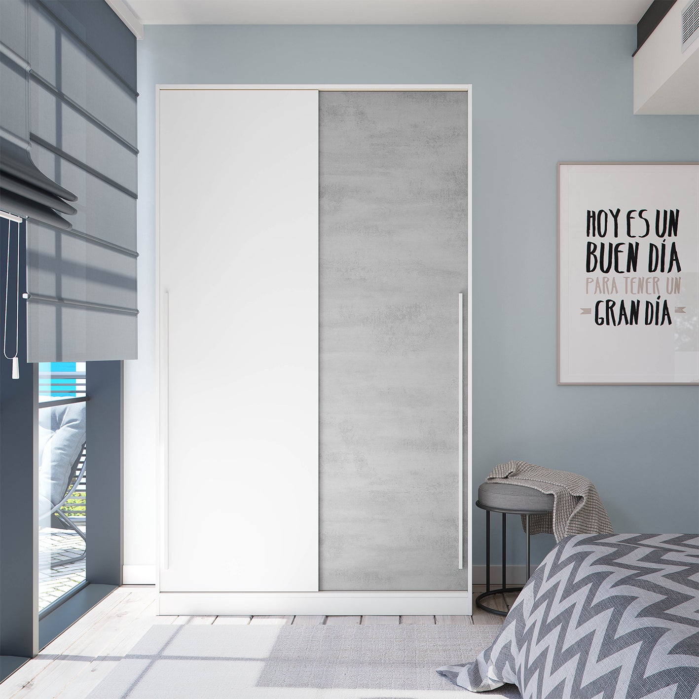 TOP 2 Door Large Modern Sliding Bedroom Wardrobe - White & Grey Finish - H: 200cm x W: 120cm x D: 50cm.