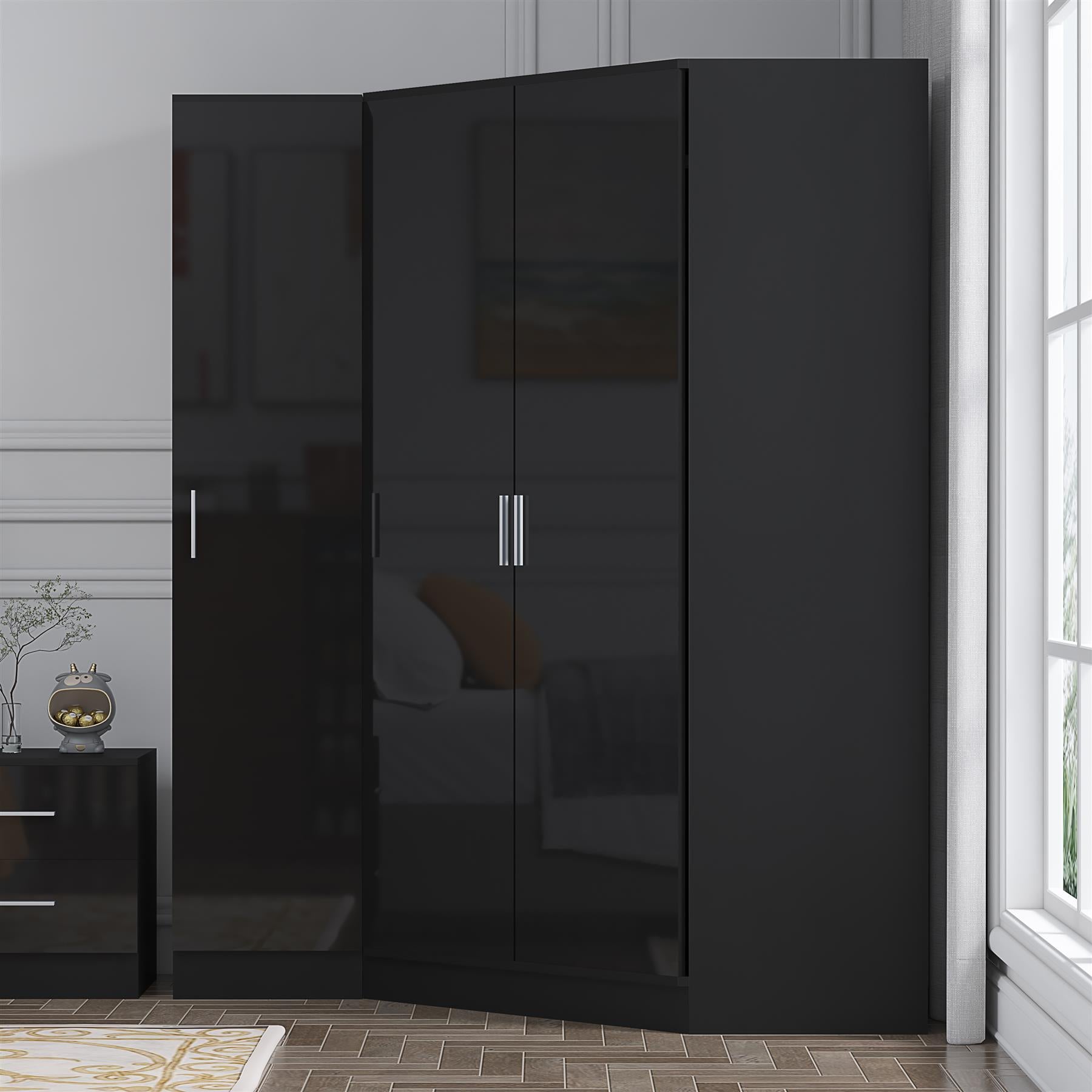 Reflect 2pc Wardrobe Bundle - 2 Door Corner + 1 Door Plain - Black Gloss & Black Oak - H: 180cm x W: 179cm x D: 103cm