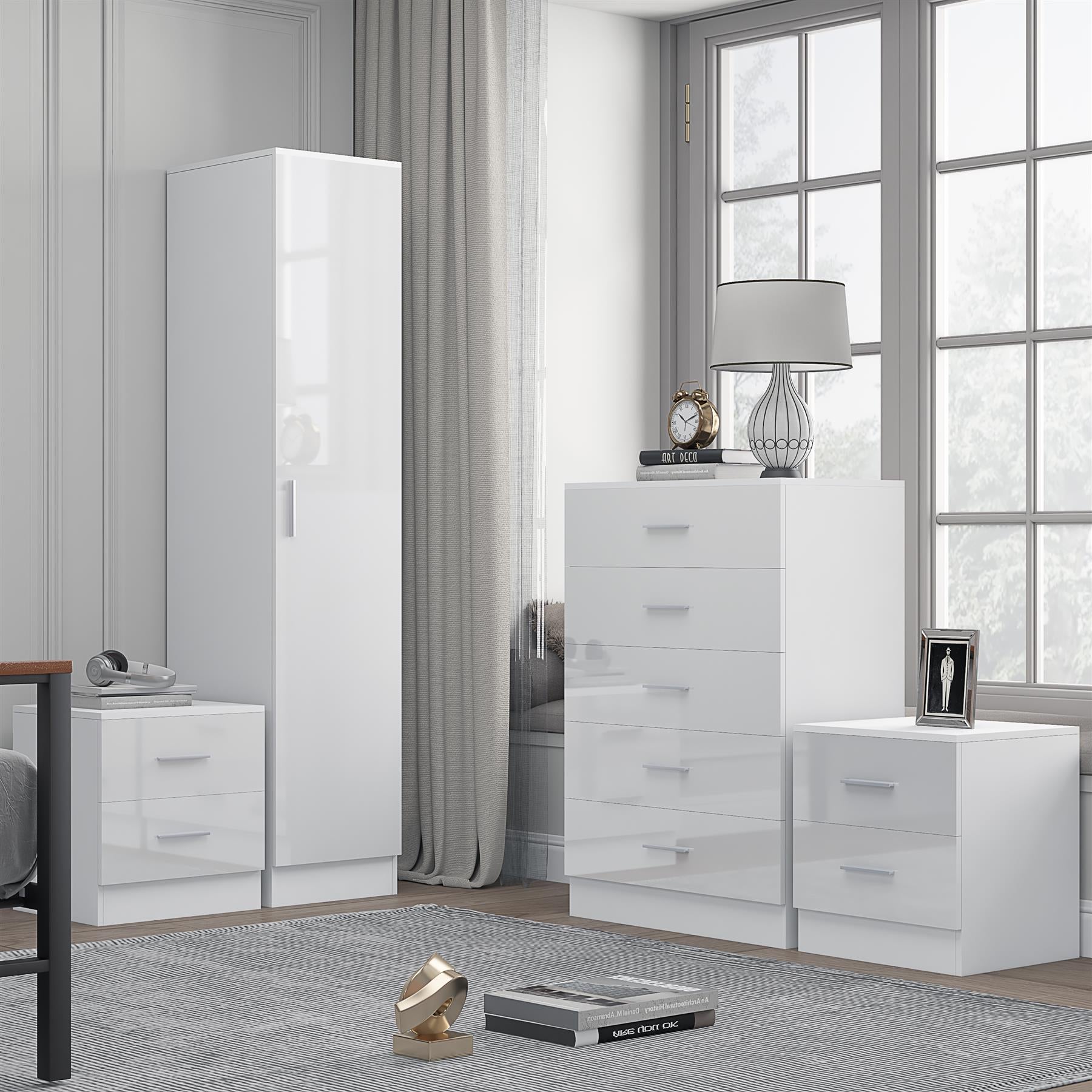 Reflect 1 Door Plain Wardrobe, 5 Drawer Chest, 2x 2 Drawer Bedsides - White Gloss & Matt White - Modern Bedroom Furniture Set