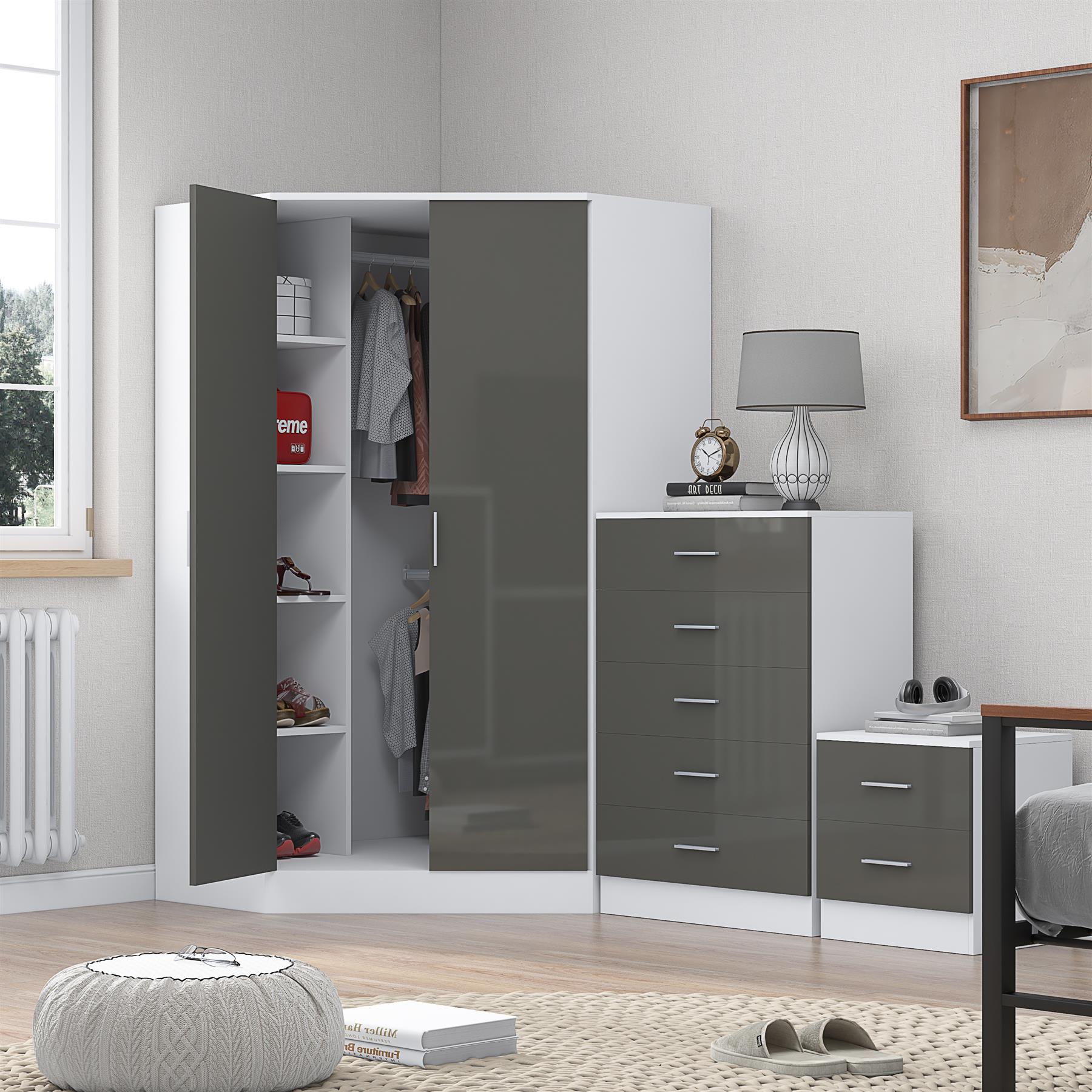 Reflect 2 Door Corner Wardrobe, 5 Drawer Chest, 2 Drawer Bedside - Grey Gloss & Matt White - Bedroom Furniture Set