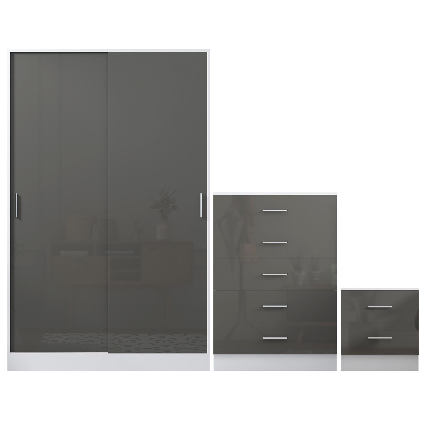 Reflect 2 Door Sliding Wardrobe, 5 Drawer Chest, 2 Drawer Bedside - Grey Gloss & Matt White - Modern Bedroom Furniture Set
