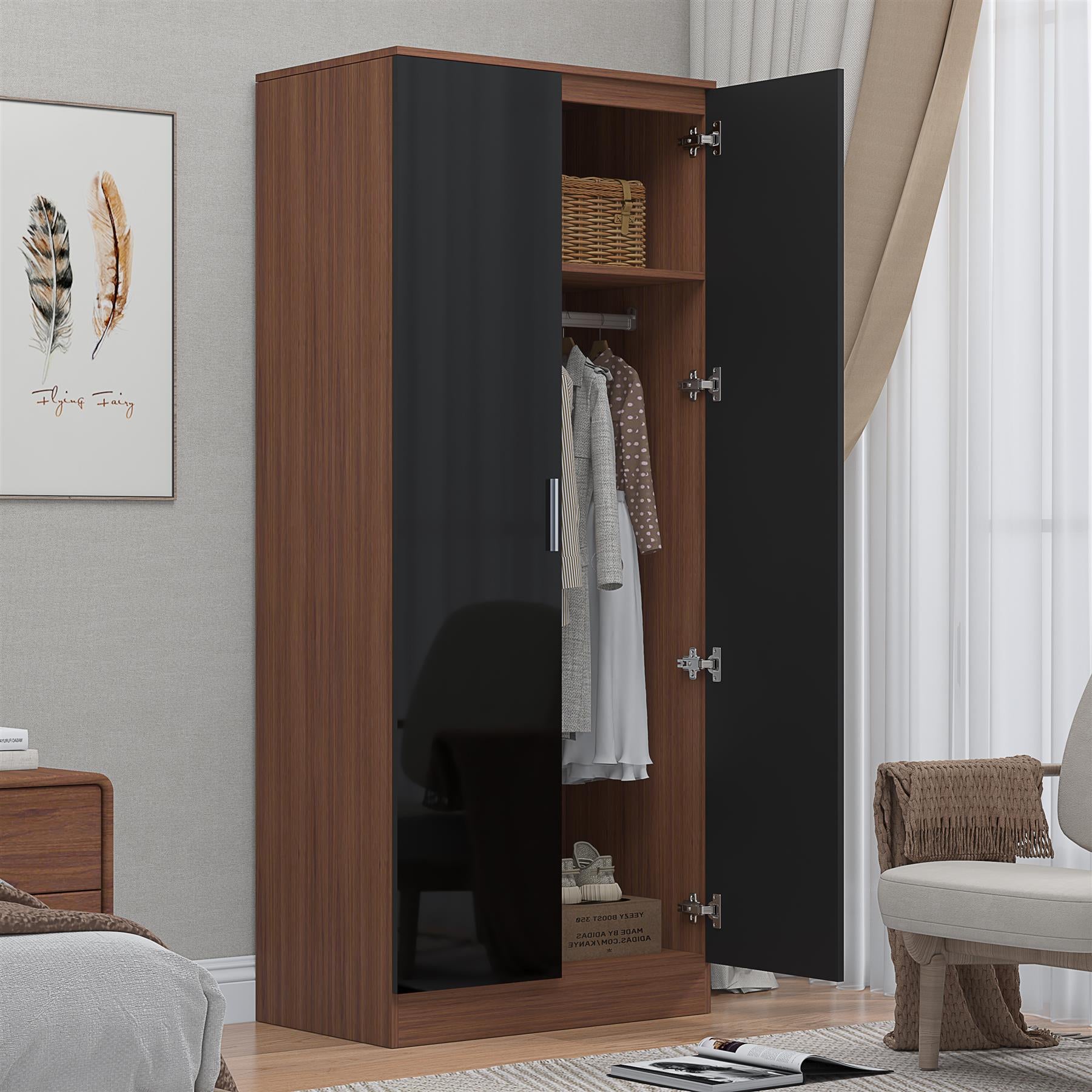 REFLECT High Gloss Bedroom Furniture Wardrobe Chest Bedside Desk - Black/Walnut