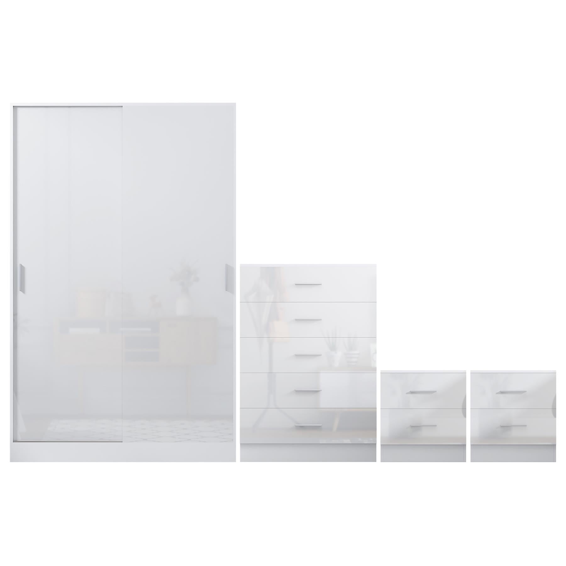 REFLECT Gloss 4pc Set - 2 Door Sliding Wardrobe + 5 Draw Chest + 2 Bedsides