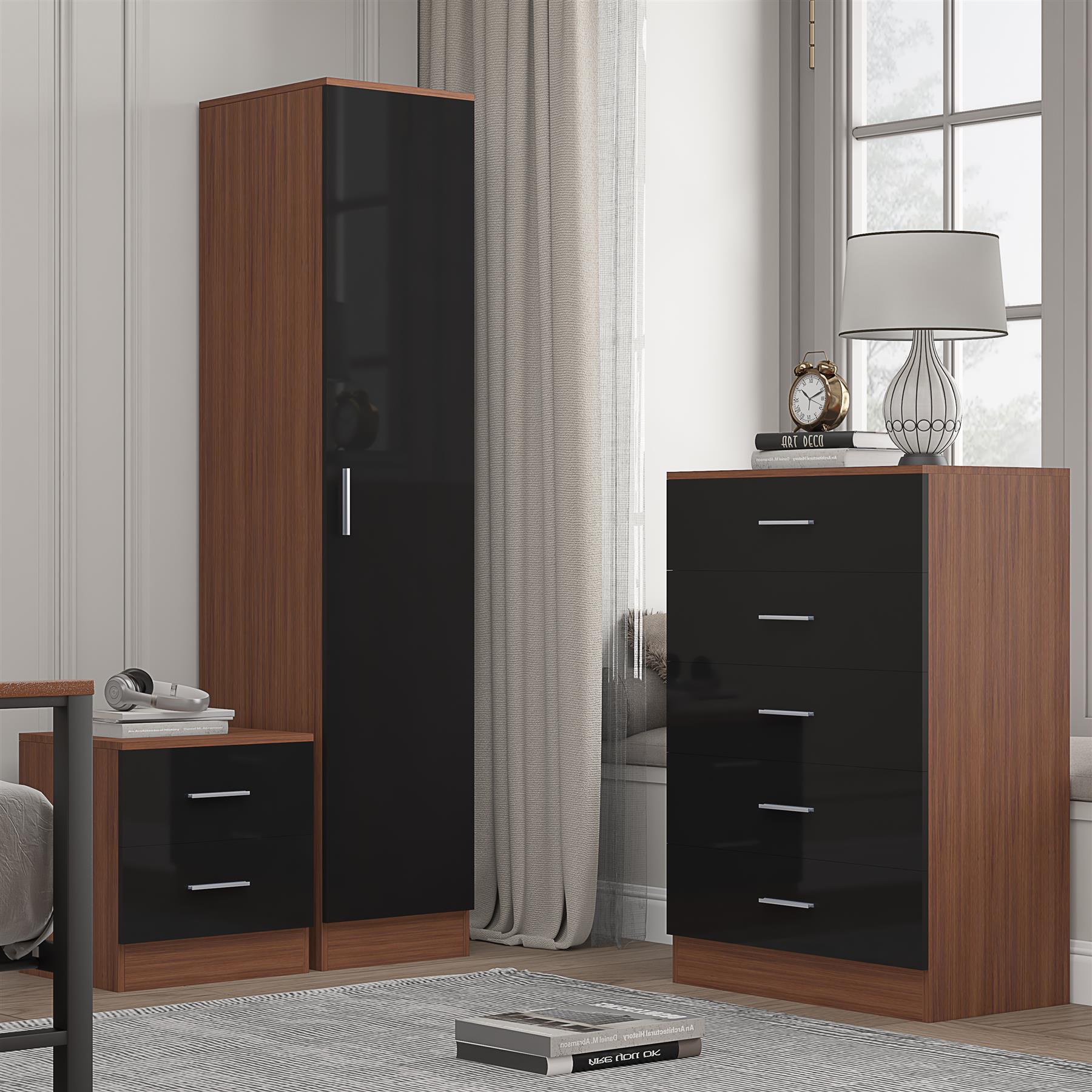 Reflect 1 Door Plain Wardrobe, 5 Drawer Chest, 2 Drawer Bedside - Black Gloss & Walnut - Bedroom Furniture Set