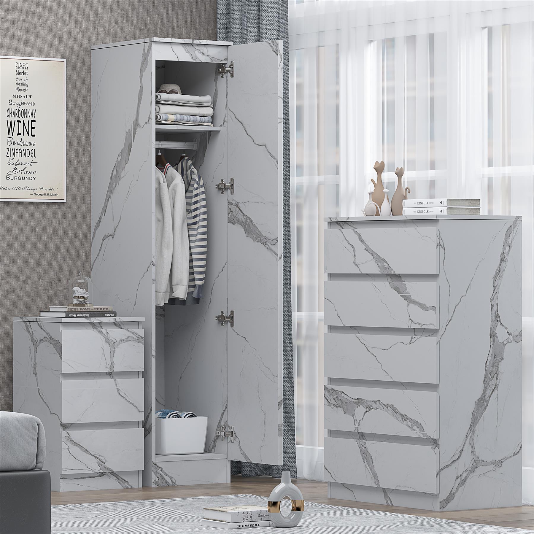 ZITA White Marble Effect 3 Piece Bedroom Set - 1-Door Wardrobe, Chest & Bedside Table, Stylish Modern Storage Furniture