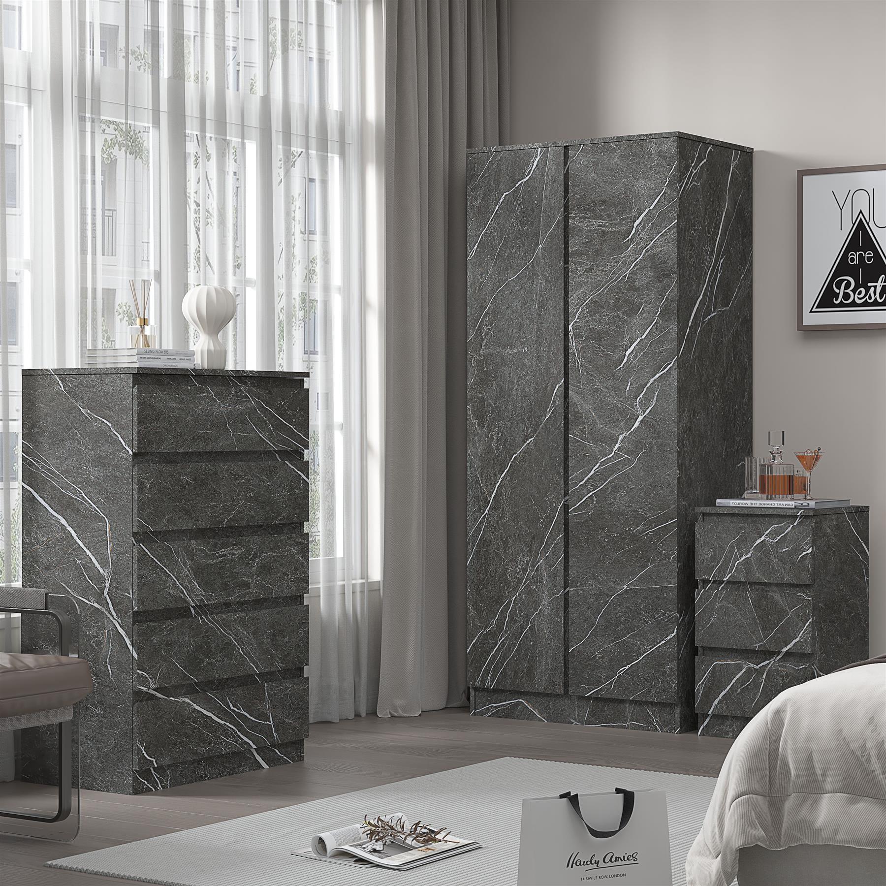 ZITA Grey Marble Effect 3 Piece Set - 2 Door Wardrobe, 5 Drawer Chest & 3 Drawer Bedside, Stylish Bedroom Storage