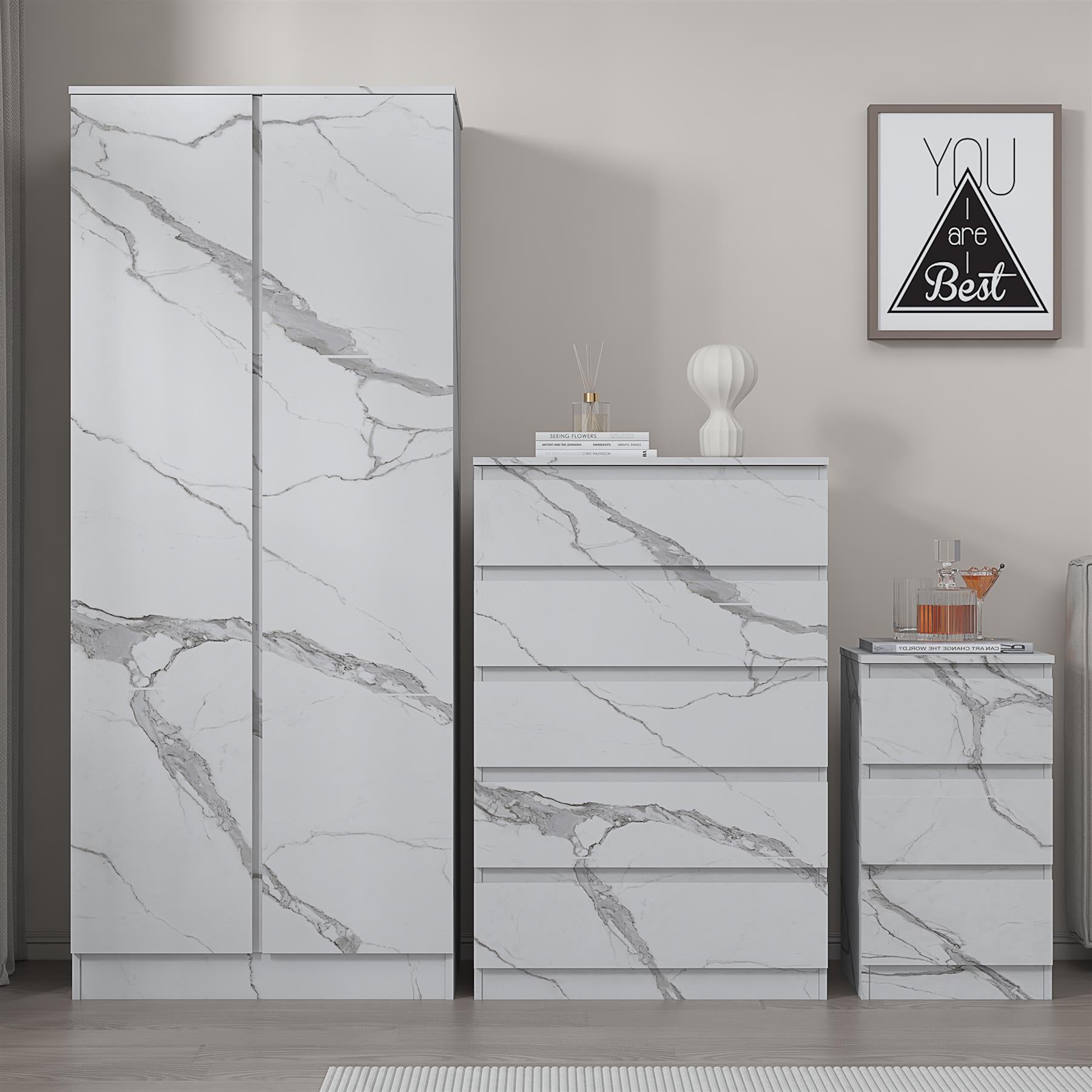 ZITA 3pc Set - 2 Door Wardrobe + Tall Chest + Bedside in White OR Grey Marble
