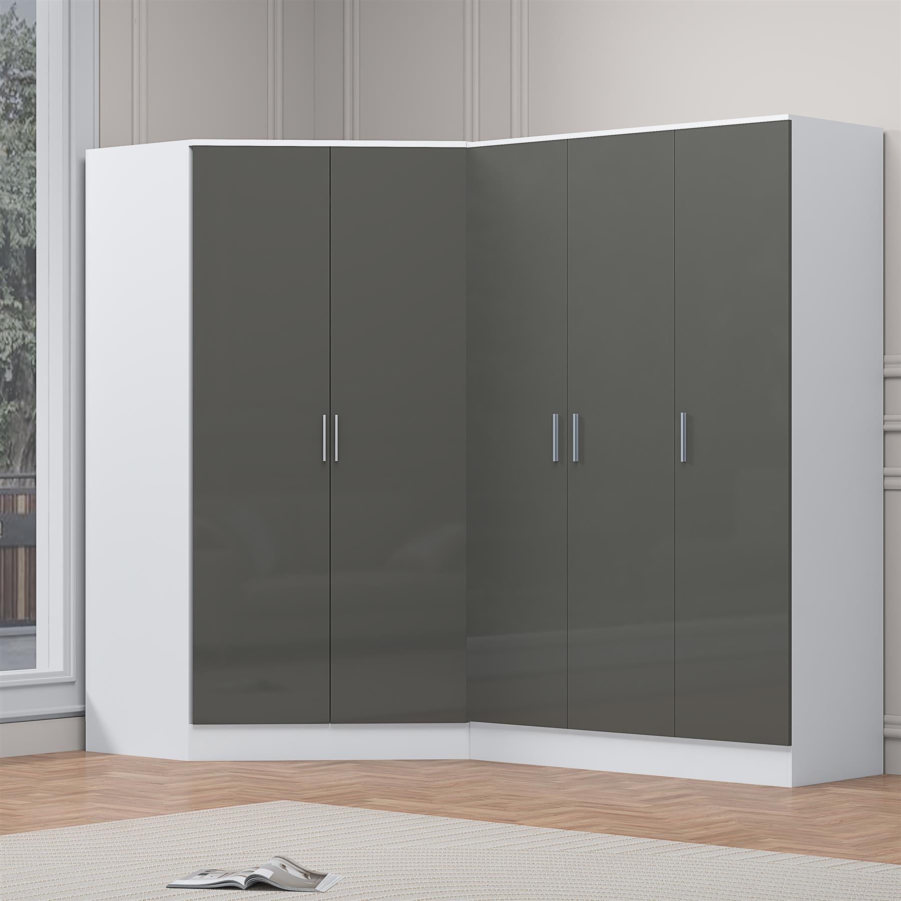 Reflect 2pc Wardrobe Bundle - 2 Door Corner + 3 Door Plain - Grey Gloss & Matt White - H: 180cm x W: 179cm x D: 103cm