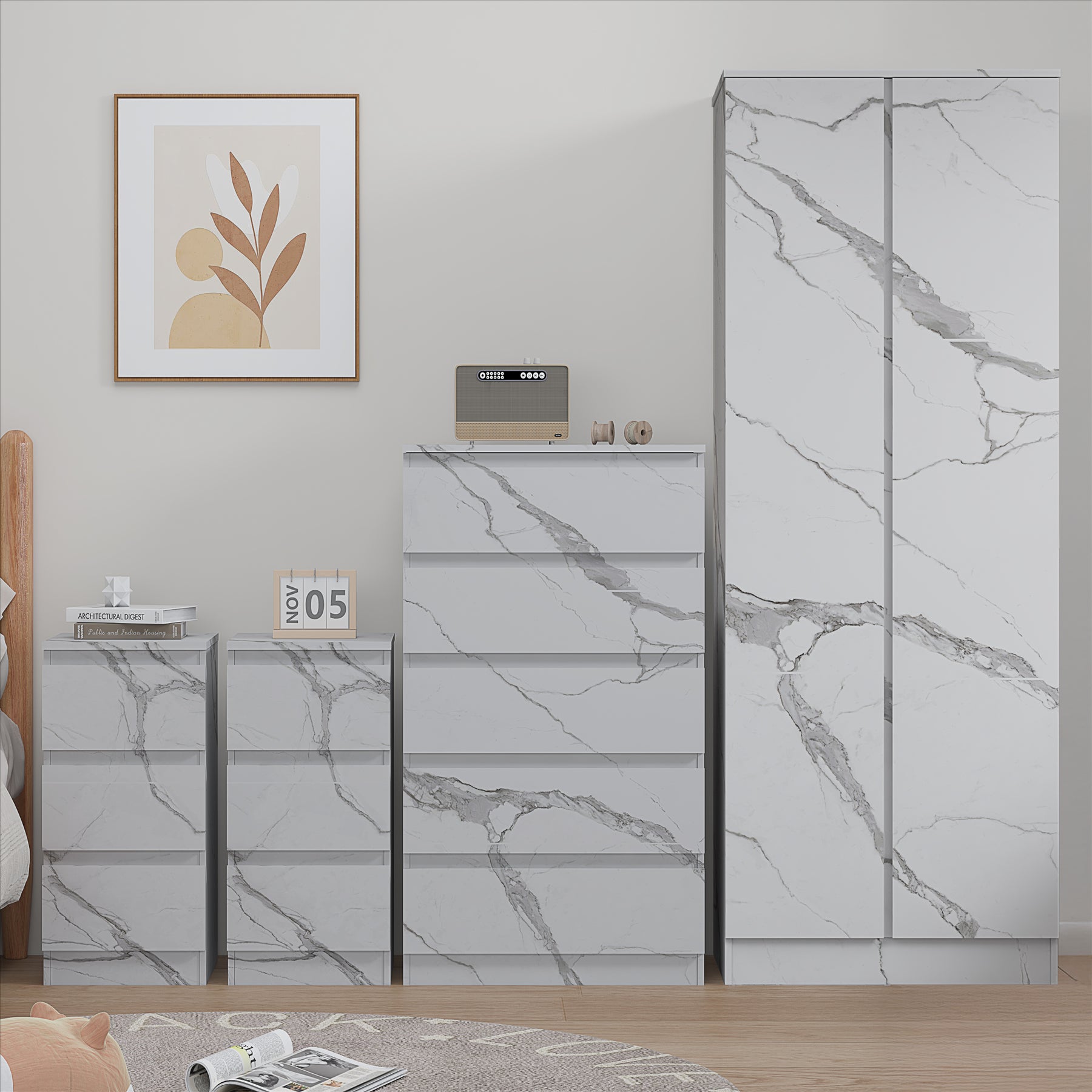 ZITA White Marble Effect 4 Piece Bedroom Set - 2 Door Wardrobe, Tall Chest & 2 Bedside Tables, Stylish Storage Solution