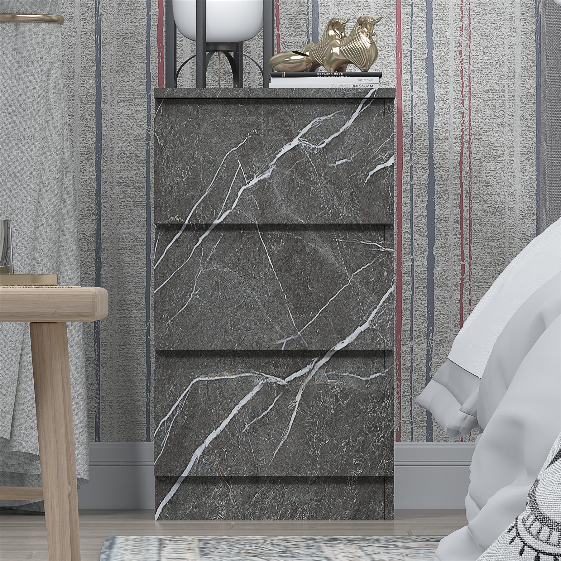 ZITA Grey Marble Effect 3 Drawer Bedside Table - Modern Nightstand, (L) 40cm x (W) 38cm x (H) 68cm, Stylish Bedroom Furniture