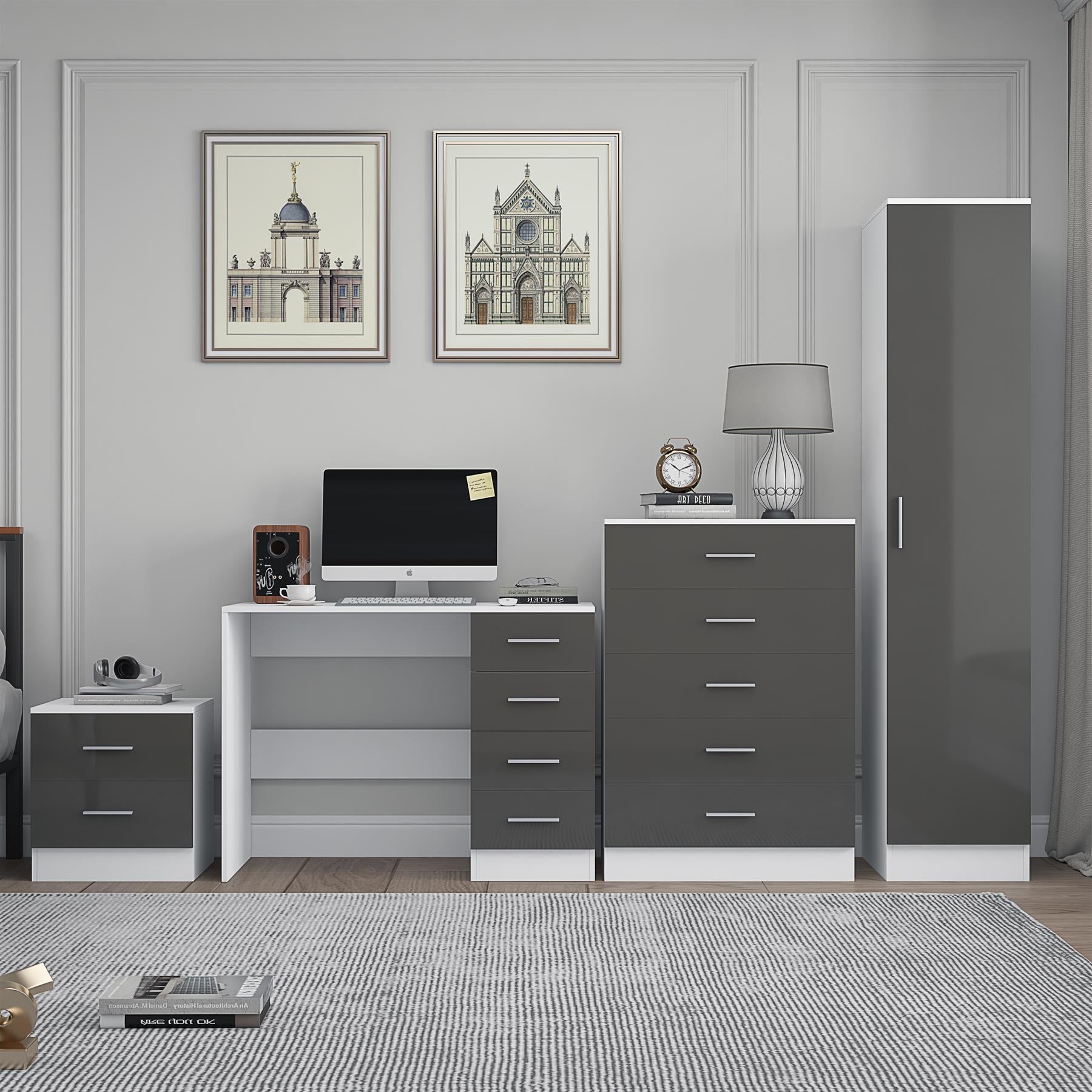 Reflect 1 Door Plain Wardrobe, 5 Drawer Chest, 2 Drawer Bedside & Desk - Grey Gloss & Matt White - Bedroom Furniture Set