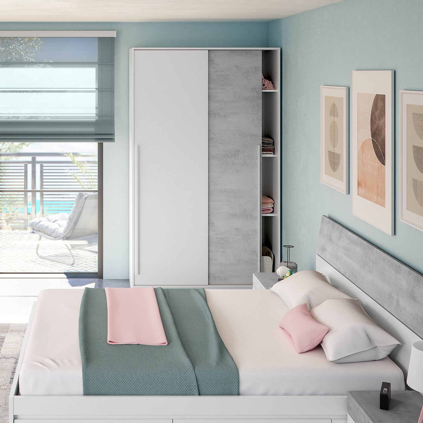 TOP 2 Door Large Modern Sliding Bedroom Wardrobe - White & Grey Finish - H: 200cm x W: 120cm x D: 50cm.