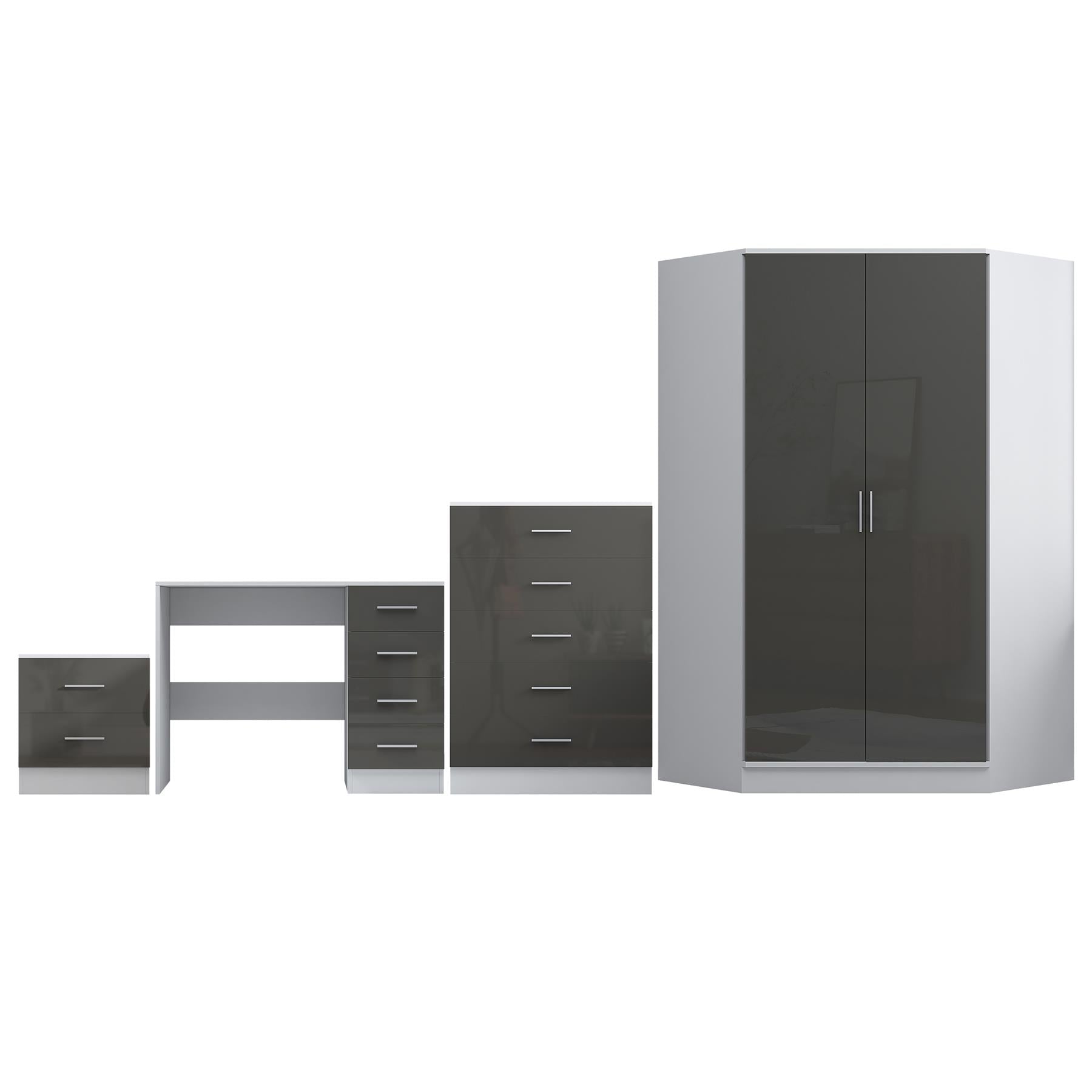 Reflect 2 Door Corner Wardrobe, 5 Drawer Chest, 2 Drawer Bedside & Desk - Grey Gloss & Matt White - Bedroom Furniture Set