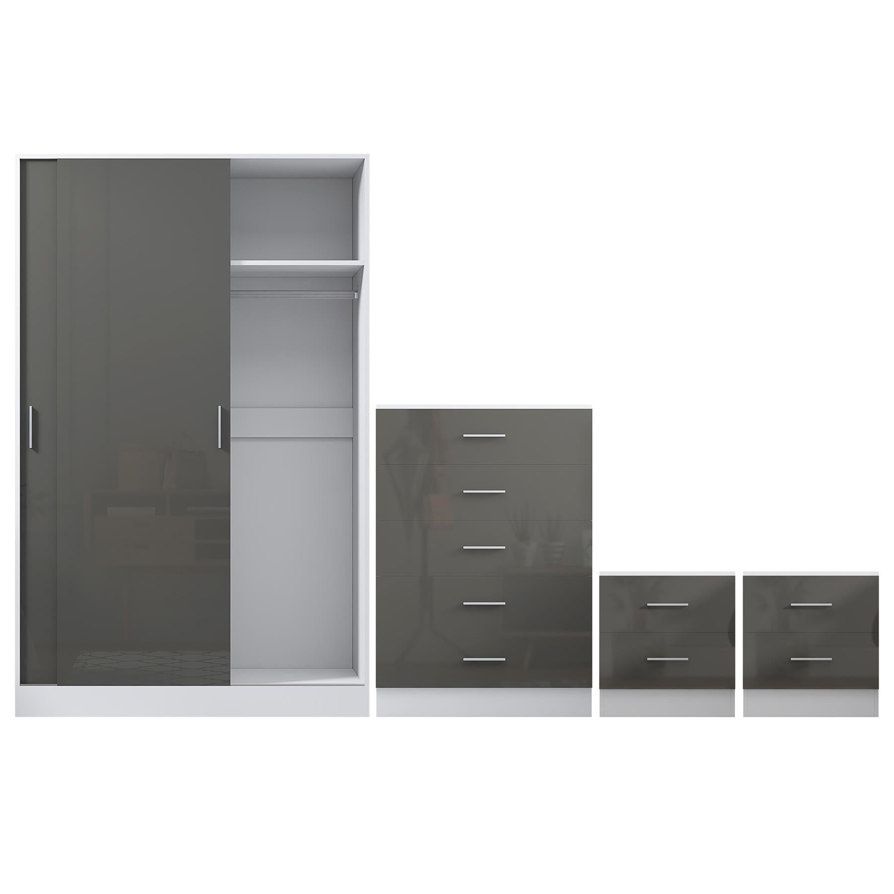 Reflect 2 Door Sliding Wardrobe, 5 Drawer Chest, 2x 2 Drawer Bedsides - Grey Gloss & Matt White - Modern Bedroom Furniture Set