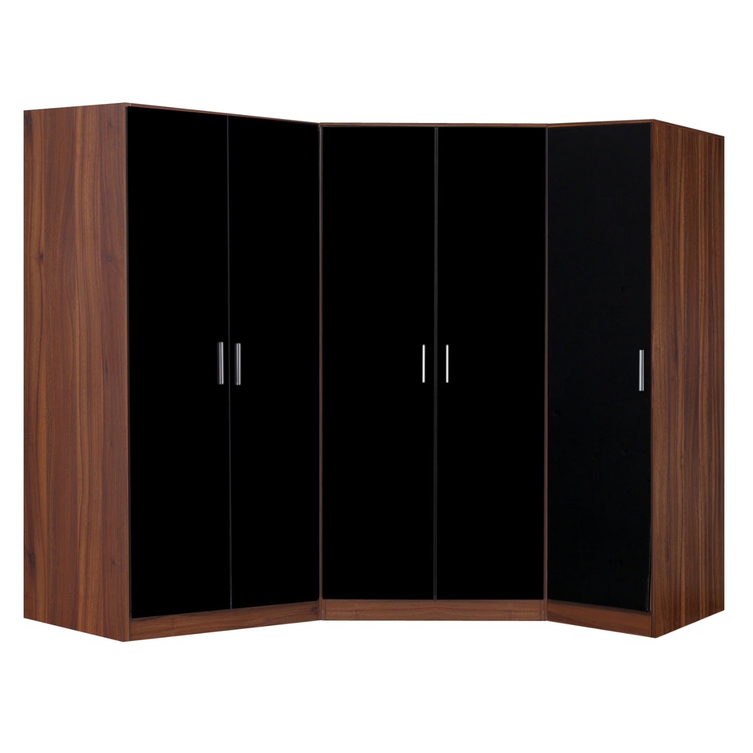 Reflect 3pc Wardrobe Bundle - 2 Door Corner + 2 Door Plain + 1 Door Plain - Black Gloss & Walnut - H: 180cm x W: 179cm