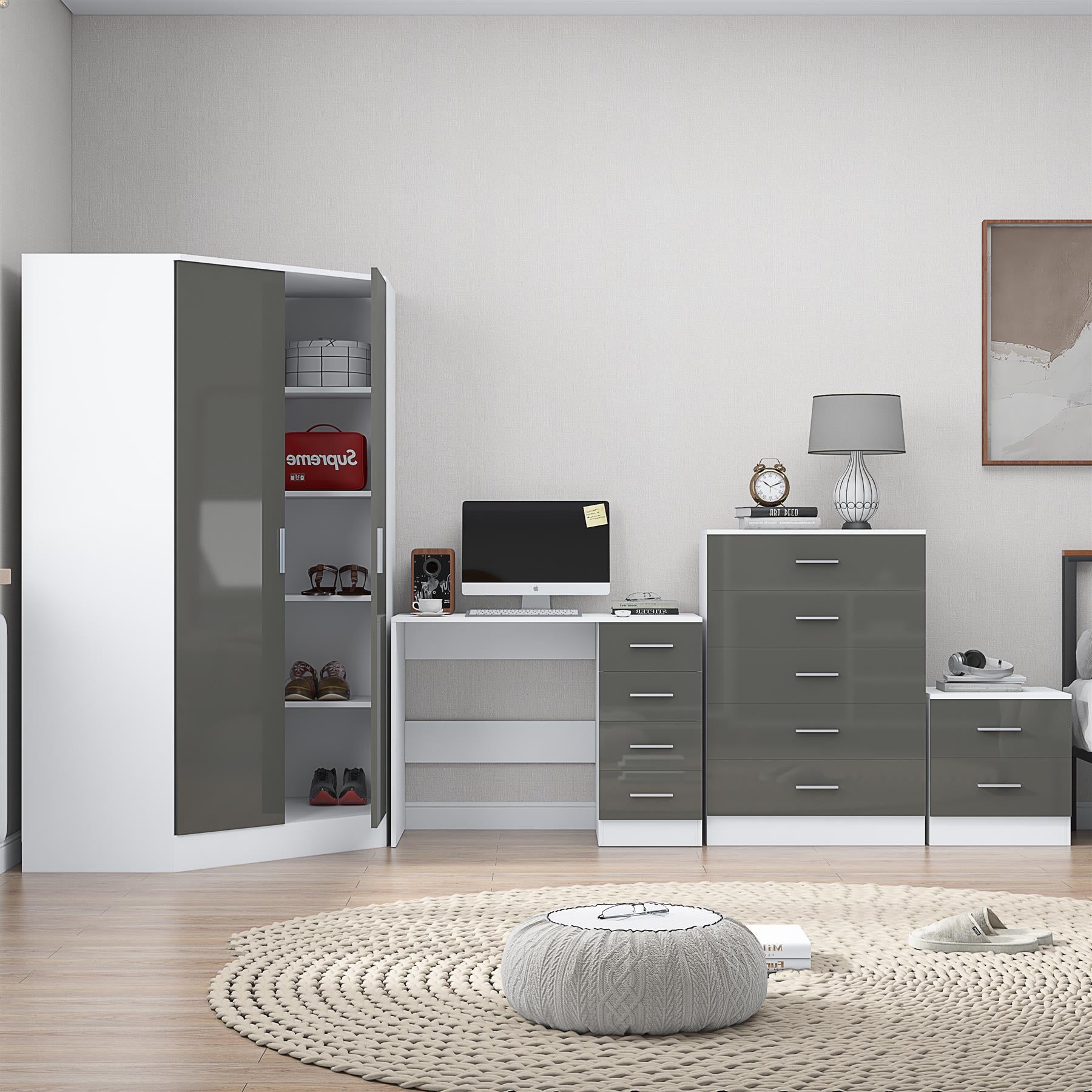 Reflect 2 Door Corner Wardrobe, 5 Drawer Chest, 2 Drawer Bedside & Desk - Grey Gloss & Matt White - Bedroom Furniture Set