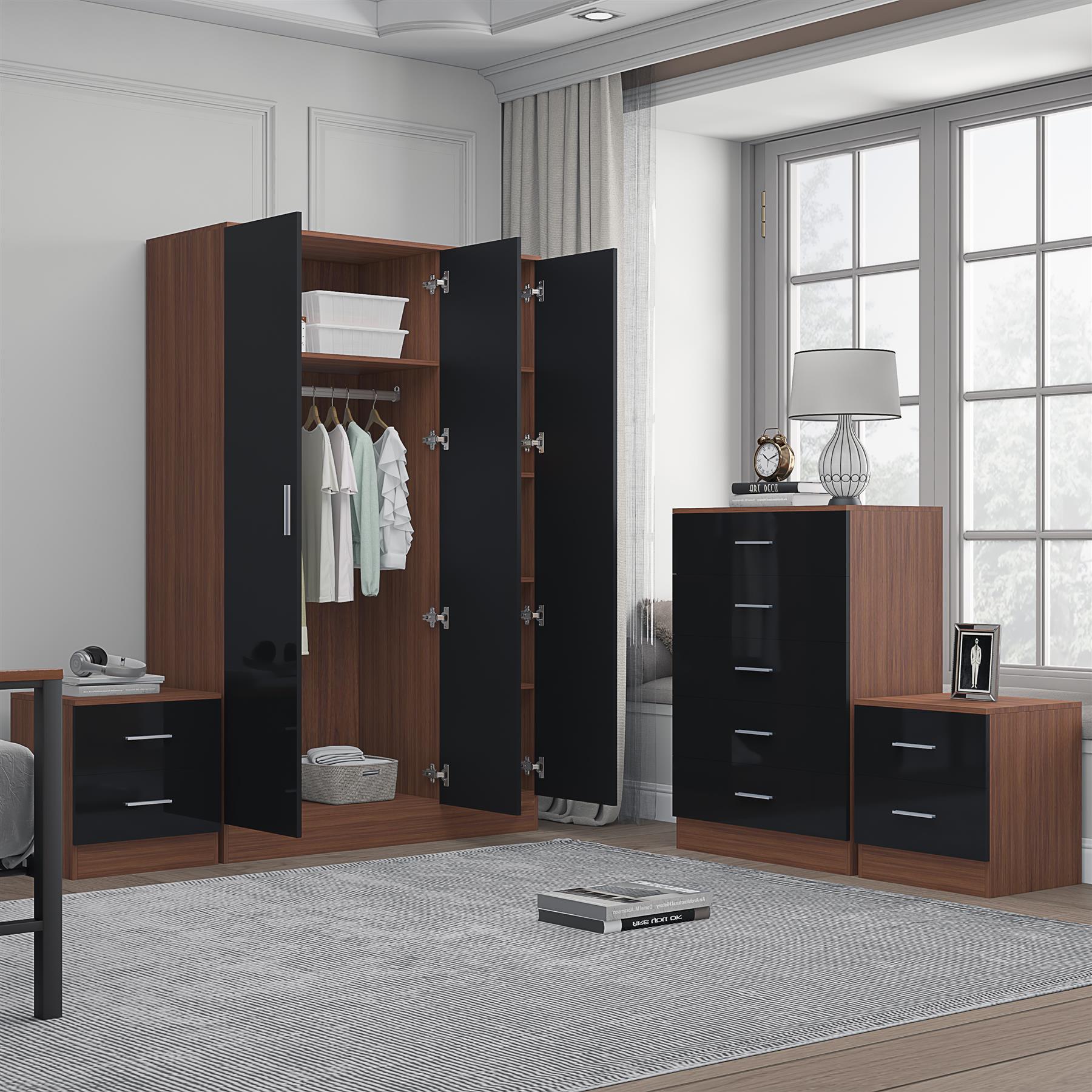 REFLECT Gloss 4pc Set - 3 Door Mirrored Wardrobe + 5 Draw Chest + 2 Bedsides