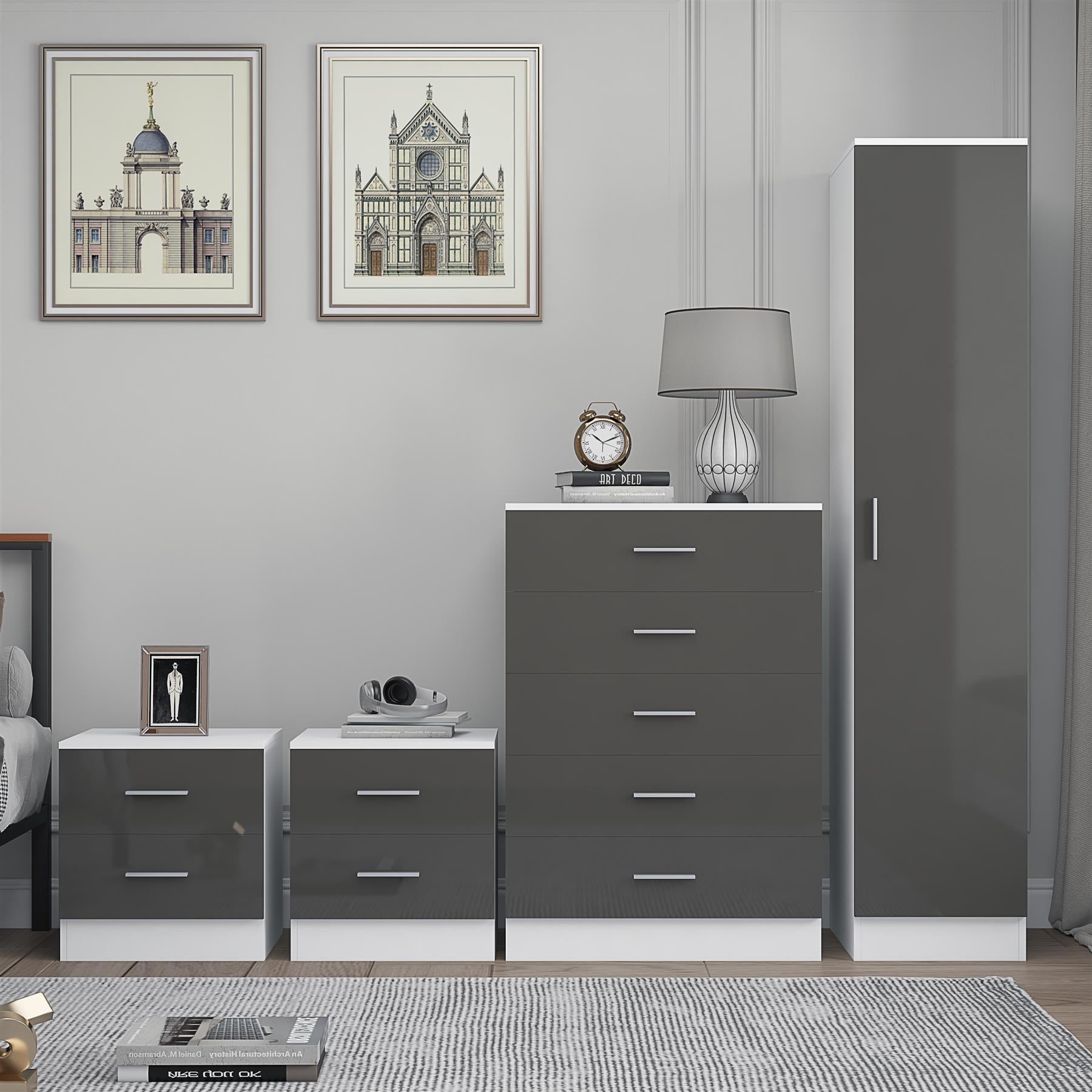 Reflect 1 Door Plain Wardrobe, 5 Drawer Chest, 2x 2 Drawer Bedsides - Grey Gloss & Matt White - Modern Bedroom Furniture Set