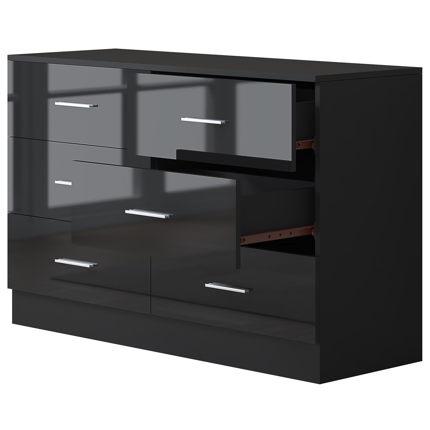 Reflect Wide 6 Drawer Chest - Black Gloss & Matt Black - Modern Bedroom Storage Unit with Drawers - H: 75cm x W: 112cm x D: 40cm