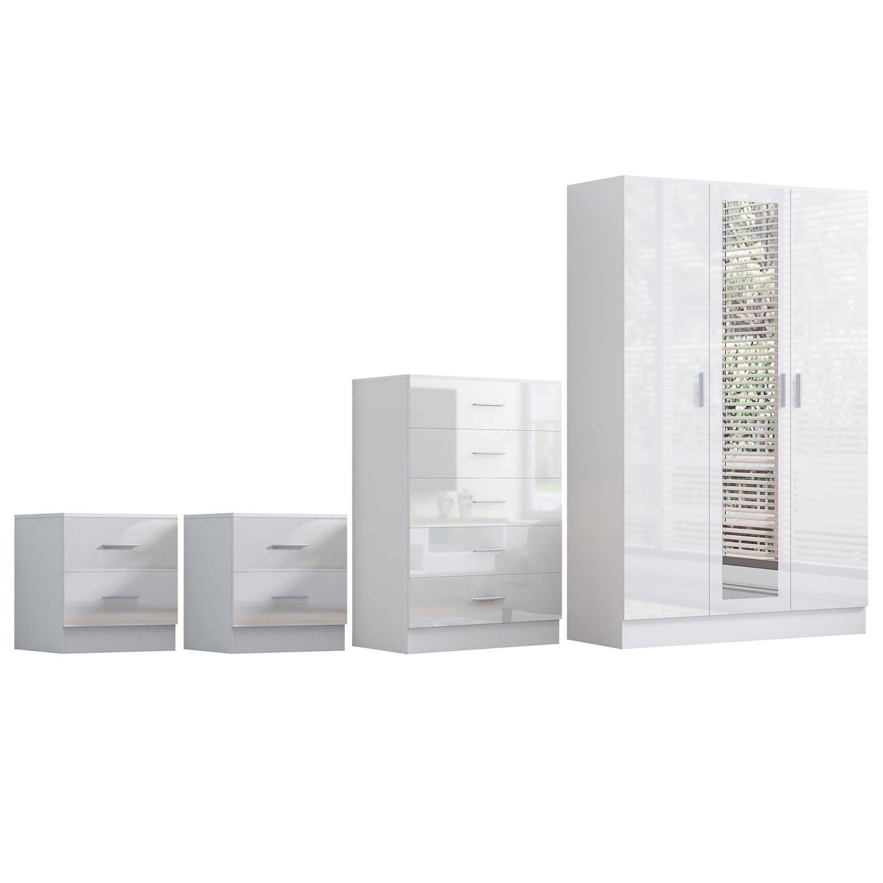 REFLECT Gloss 4pc Set - 3 Door Mirrored Wardrobe + 5 Draw Chest + 2 Bedsides