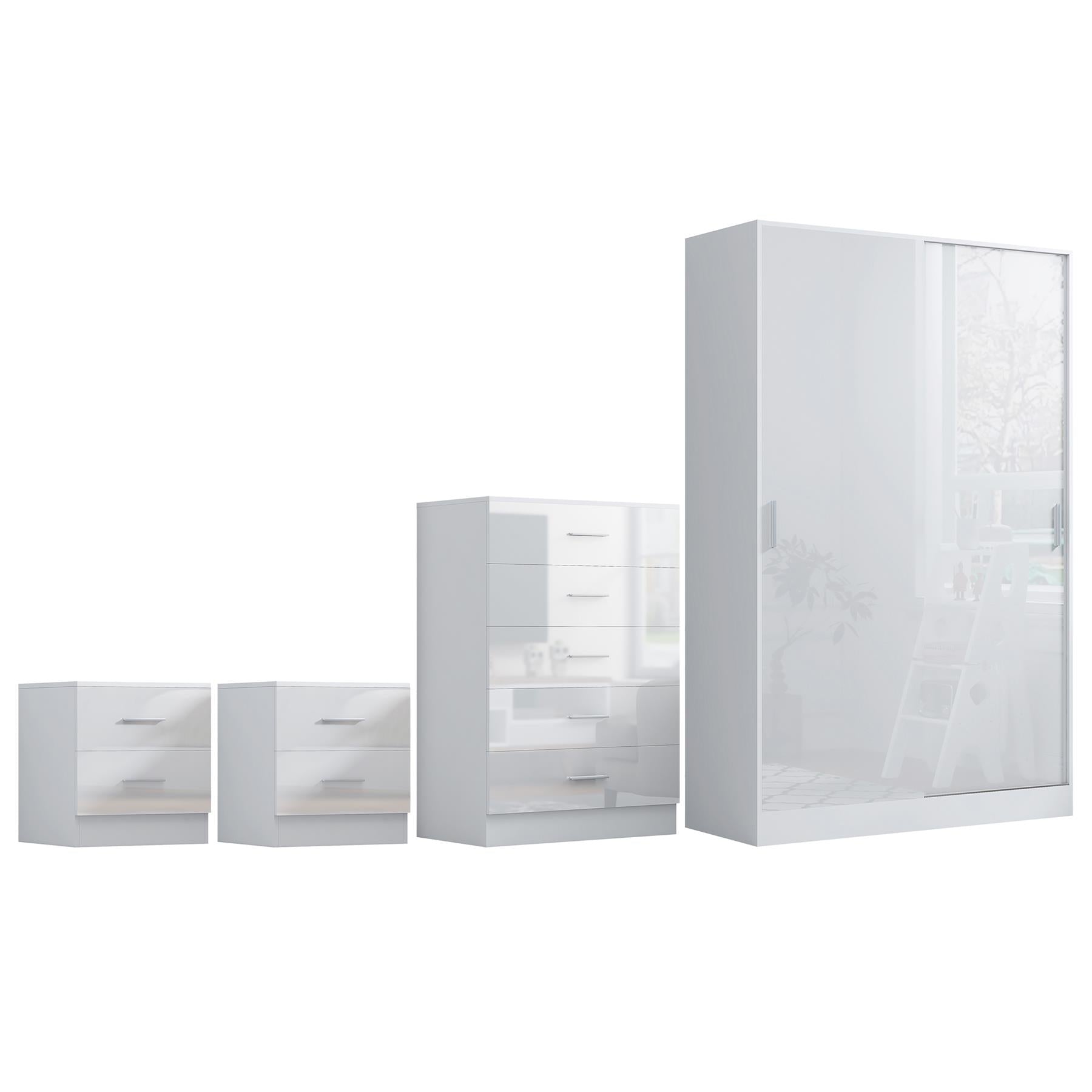 REFLECT Gloss 4pc Set - 2 Door Sliding Wardrobe + 5 Draw Chest + 2 Bedsides