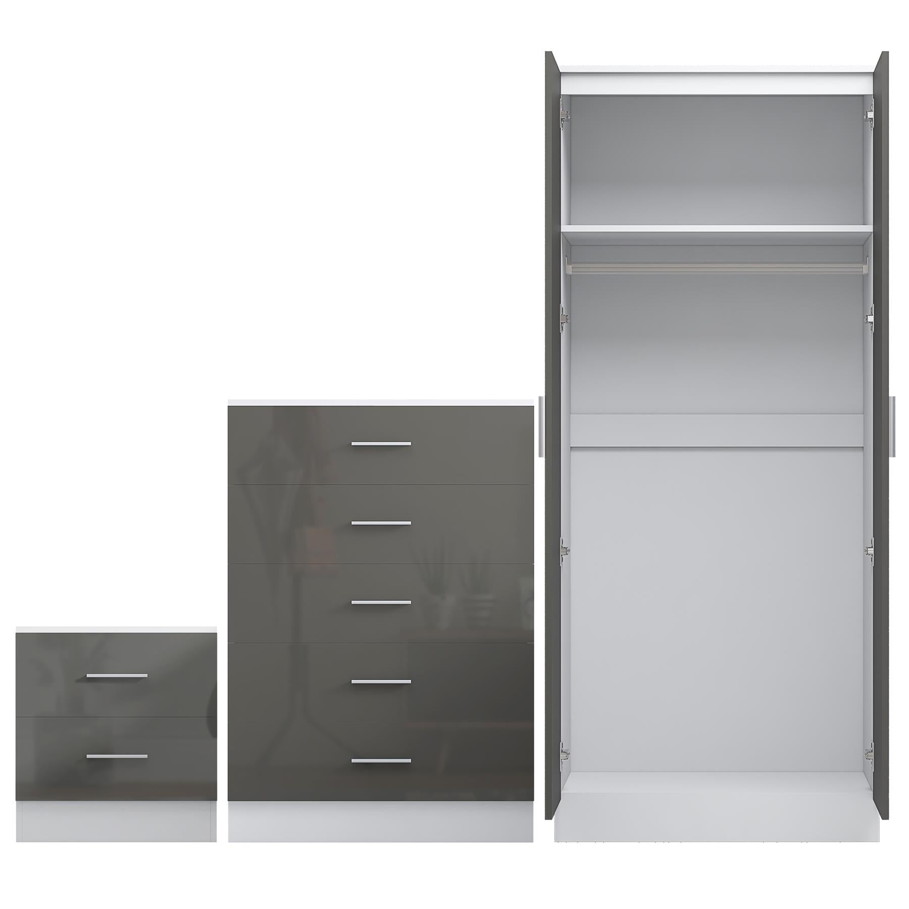 Reflect 2 Door Plain Wardrobe, 5 Drawer Chest, 2 Drawer Bedside - Grey Gloss & Matt White - Modern Bedroom Furniture Set