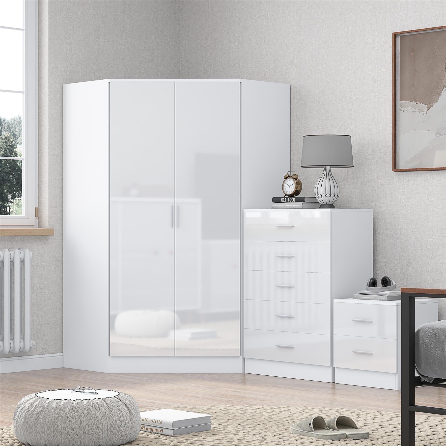 Reflect 2 Door Corner Wardrobe, 5 Drawer Chest, 2 Drawer Bedside - White Gloss & Matt White - Bedroom Furniture Set