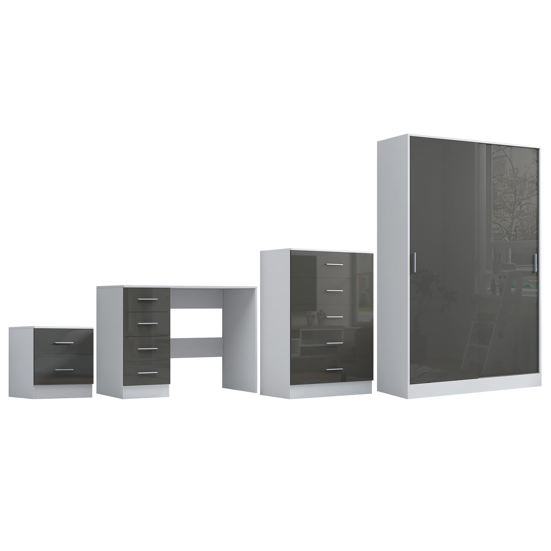 Reflect 2 Door Sliding Wardrobe, 5 Drawer Chest, 2 Drawer Bedside & Desk - Grey Gloss & Matt White - Modern Bedroom Furniture Set