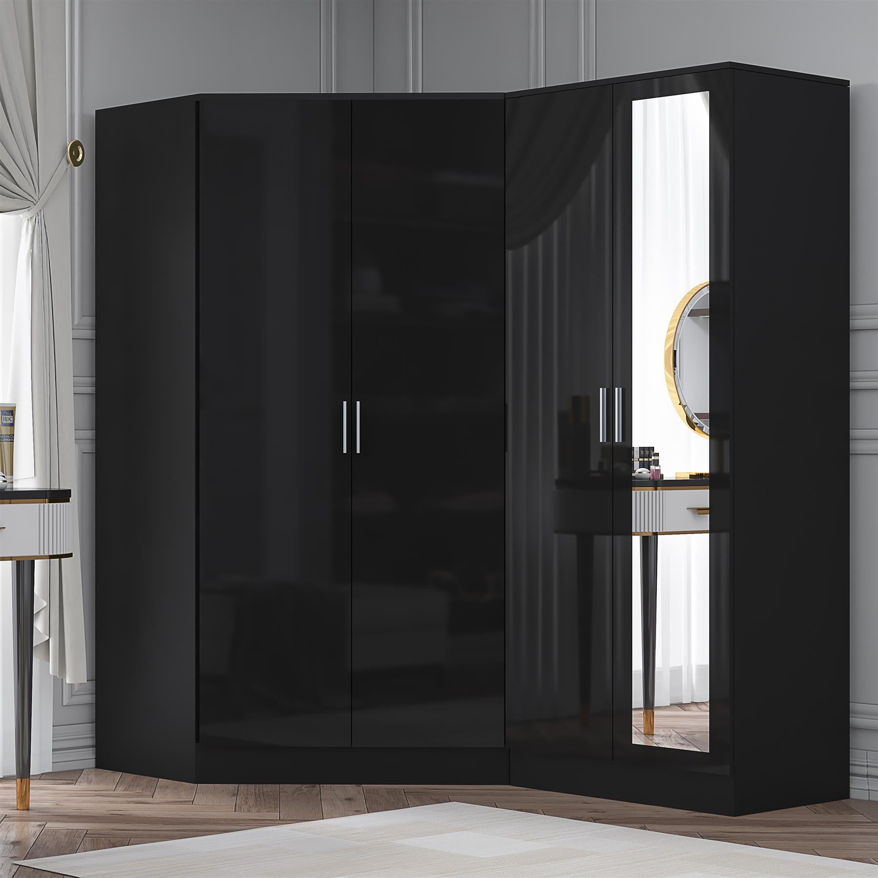Reflect 2pc Wardrobe Bundle - 2 Door Corner + 2 Door Mirror - Black Gloss & Black Oak - H: 180cm x W: 179cm x D: 103cm