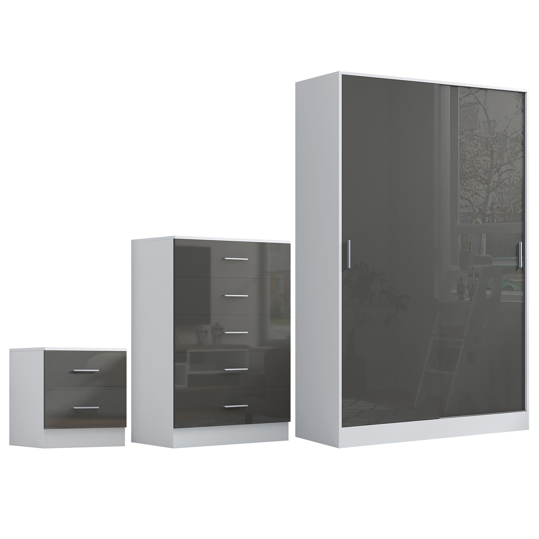 Reflect 2 Door Sliding Wardrobe, 5 Drawer Chest, 2 Drawer Bedside - Grey Gloss & Matt White - Modern Bedroom Furniture Set