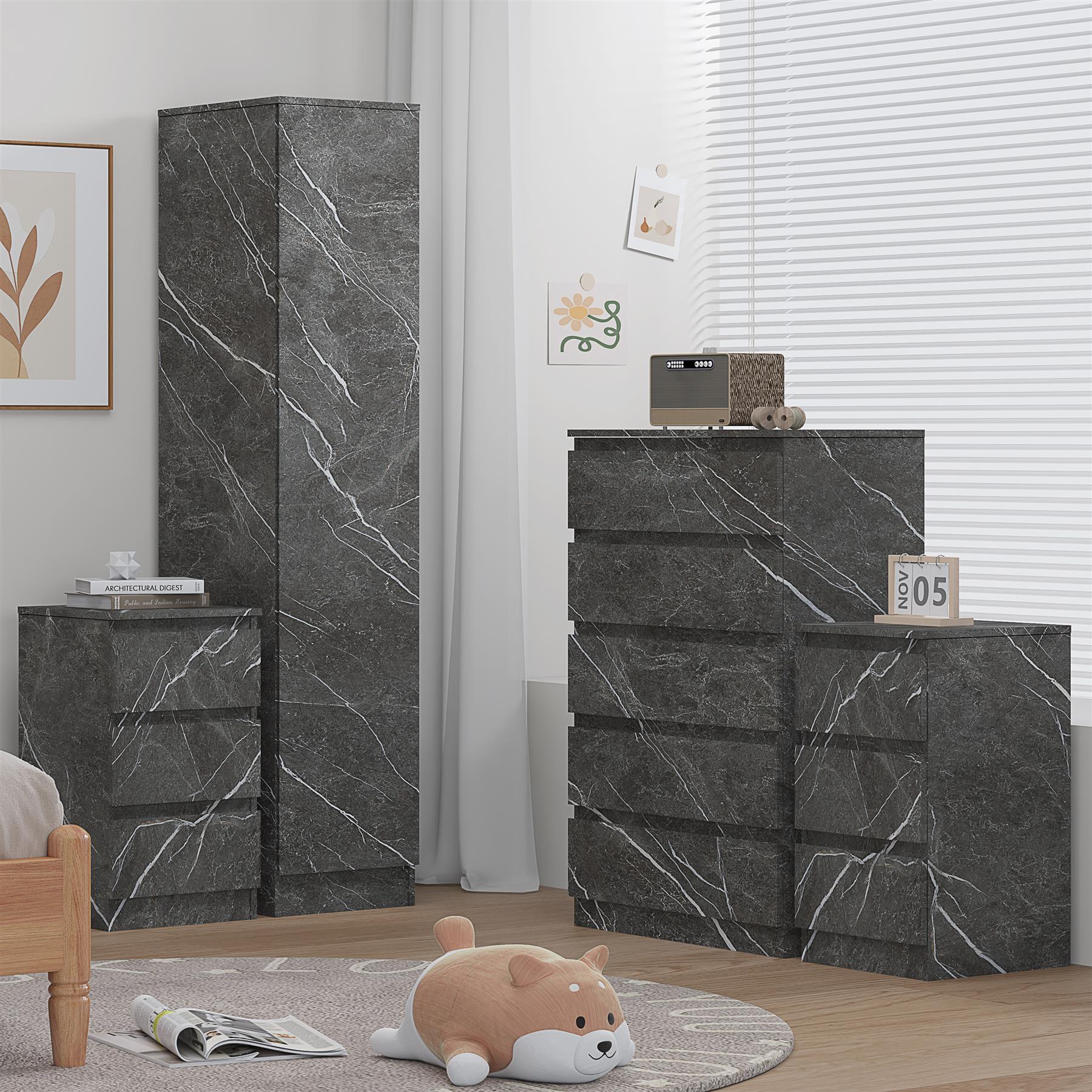 ZITA 4pc Grey Marble Effect Bedroom Set - 1-Door Wardrobe, Tall Chest & 2 Bedside Tables, Stylish Modern Storage Furniture