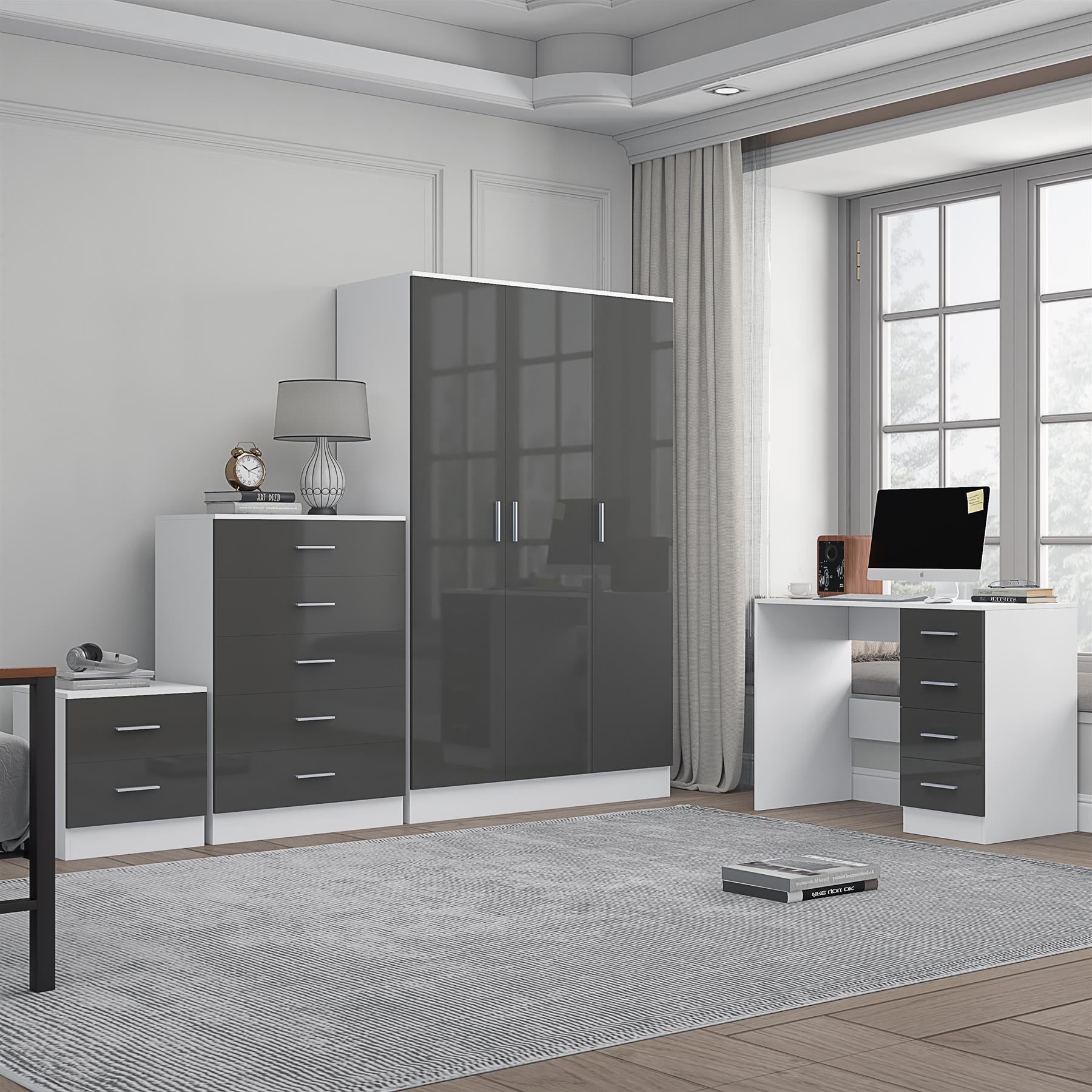 Reflect 3 Door Plain Wardrobe, 5 Drawer Chest, 2 Drawer Bedside & Desk - Grey Gloss & Matt White - Modern Bedroom Furniture Set