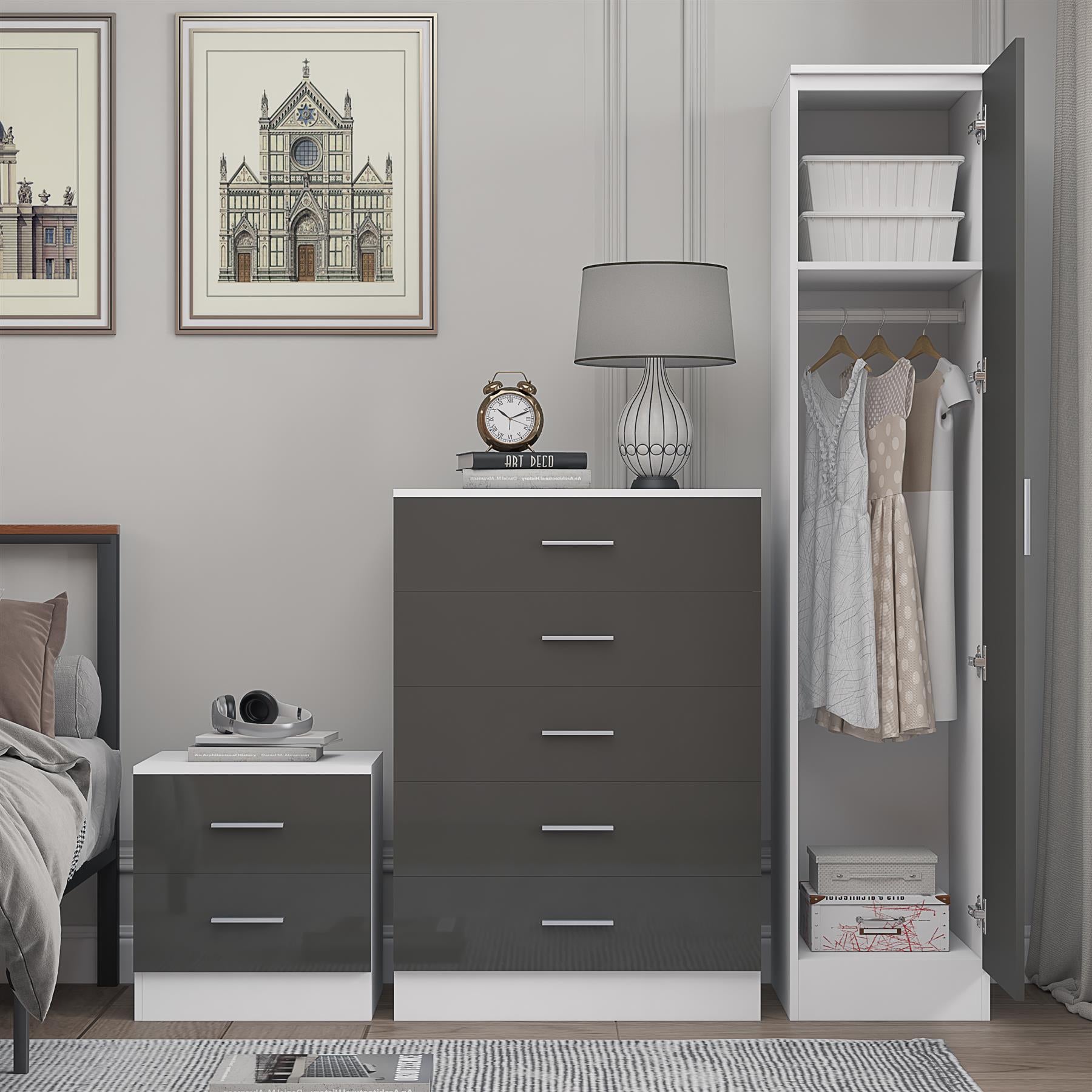 Reflect 1 Door Plain Wardrobe, 5 Drawer Chest, 2 Drawer Bedside - Grey Gloss & Matt White - Bedroom Furniture Set