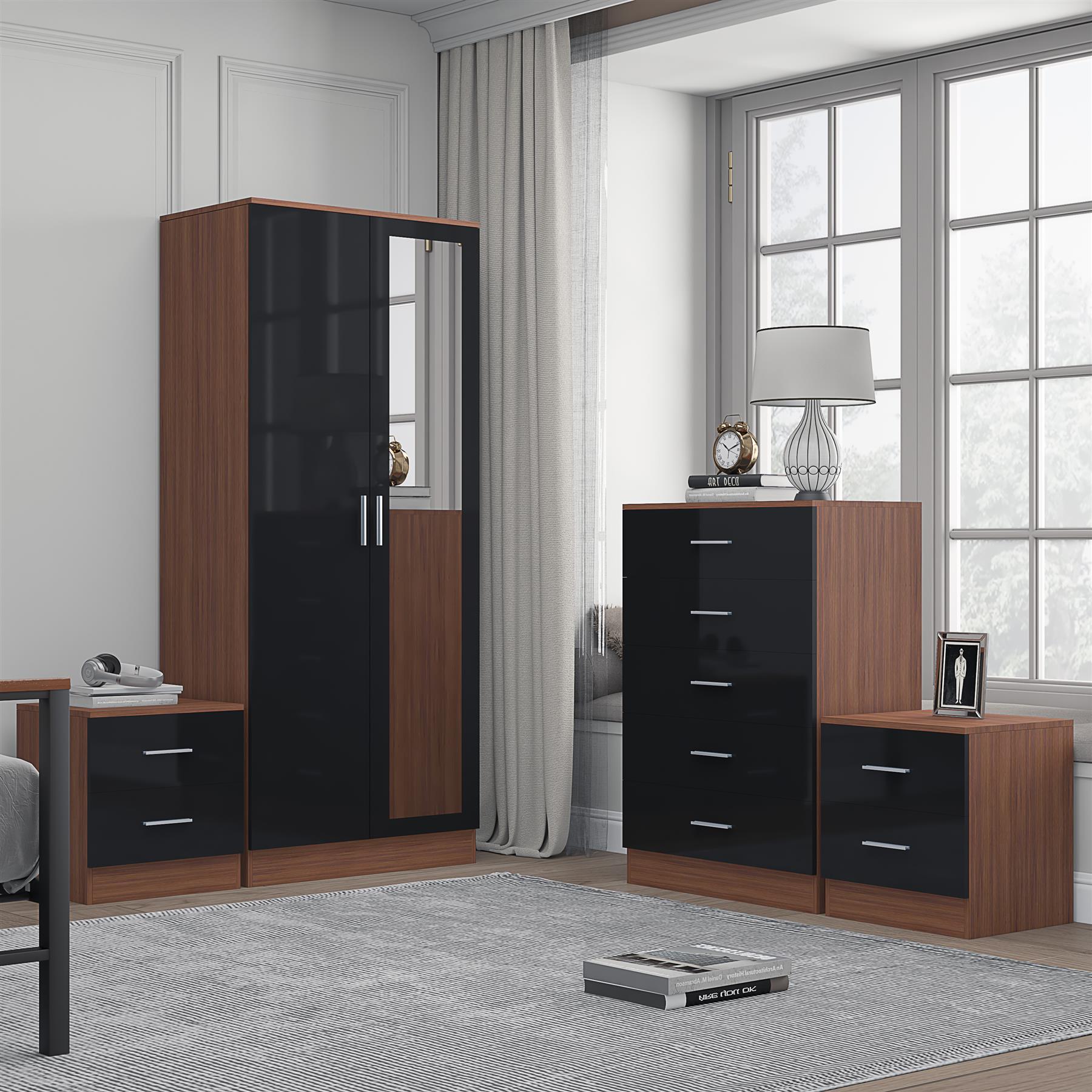 REFLECT Gloss 4pc Set - 2 Door Mirrored Wardrobe + 5 Draw Chest + 2 Bedsides
