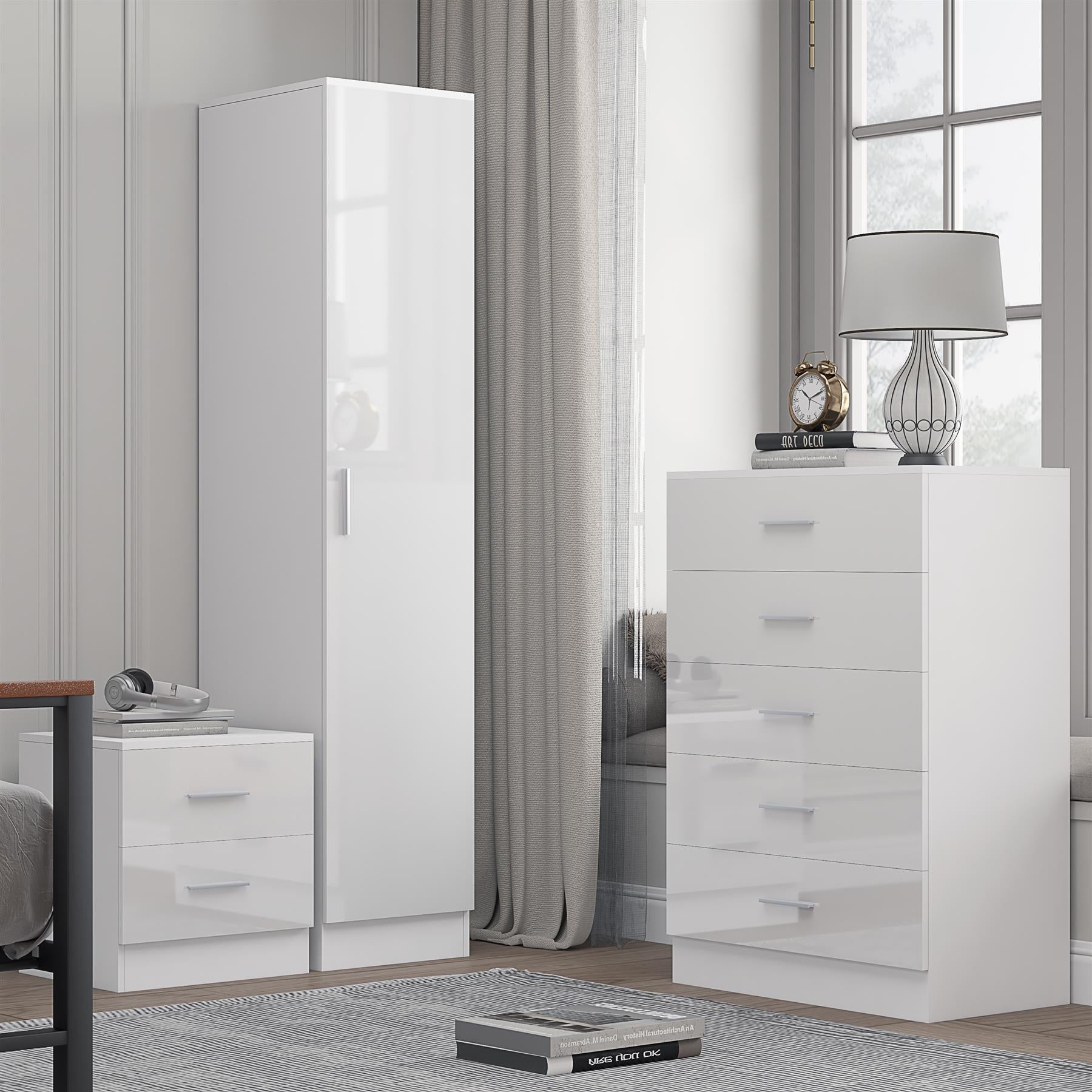 Reflect 1 Door Plain Wardrobe, 5 Drawer Chest, 2 Drawer Bedside - White Gloss & Matt White - Bedroom Furniture Set