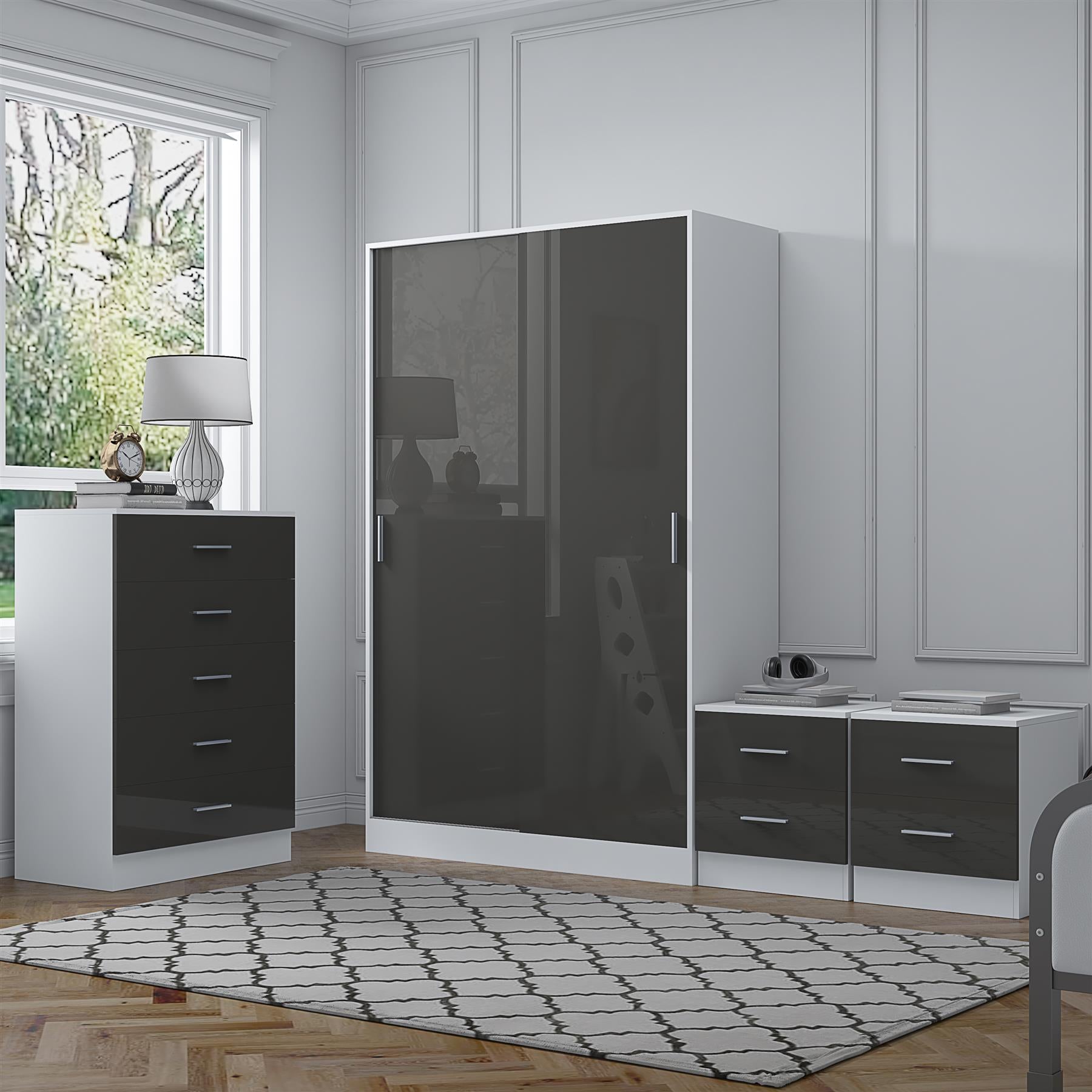 Reflect 2 Door Sliding Wardrobe, 5 Drawer Chest, 2x 2 Drawer Bedsides - Grey Gloss & Matt White - Modern Bedroom Furniture Set
