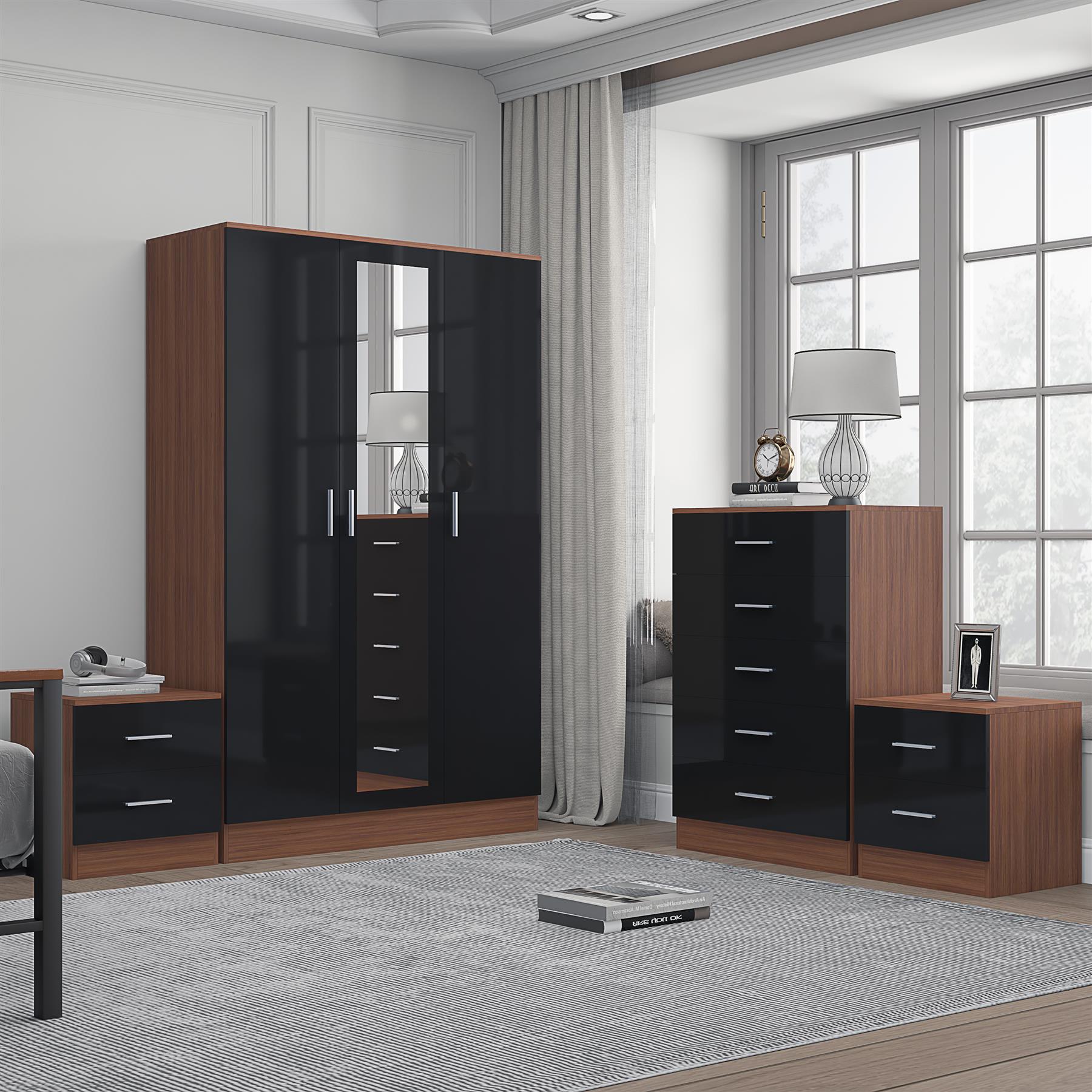 Reflect 3 Door Mirror Wardrobe, 5 Drawer Chest, 2x 2 Drawer Bedsides - Black Gloss & Walnut - Modern Bedroom Furniture Set