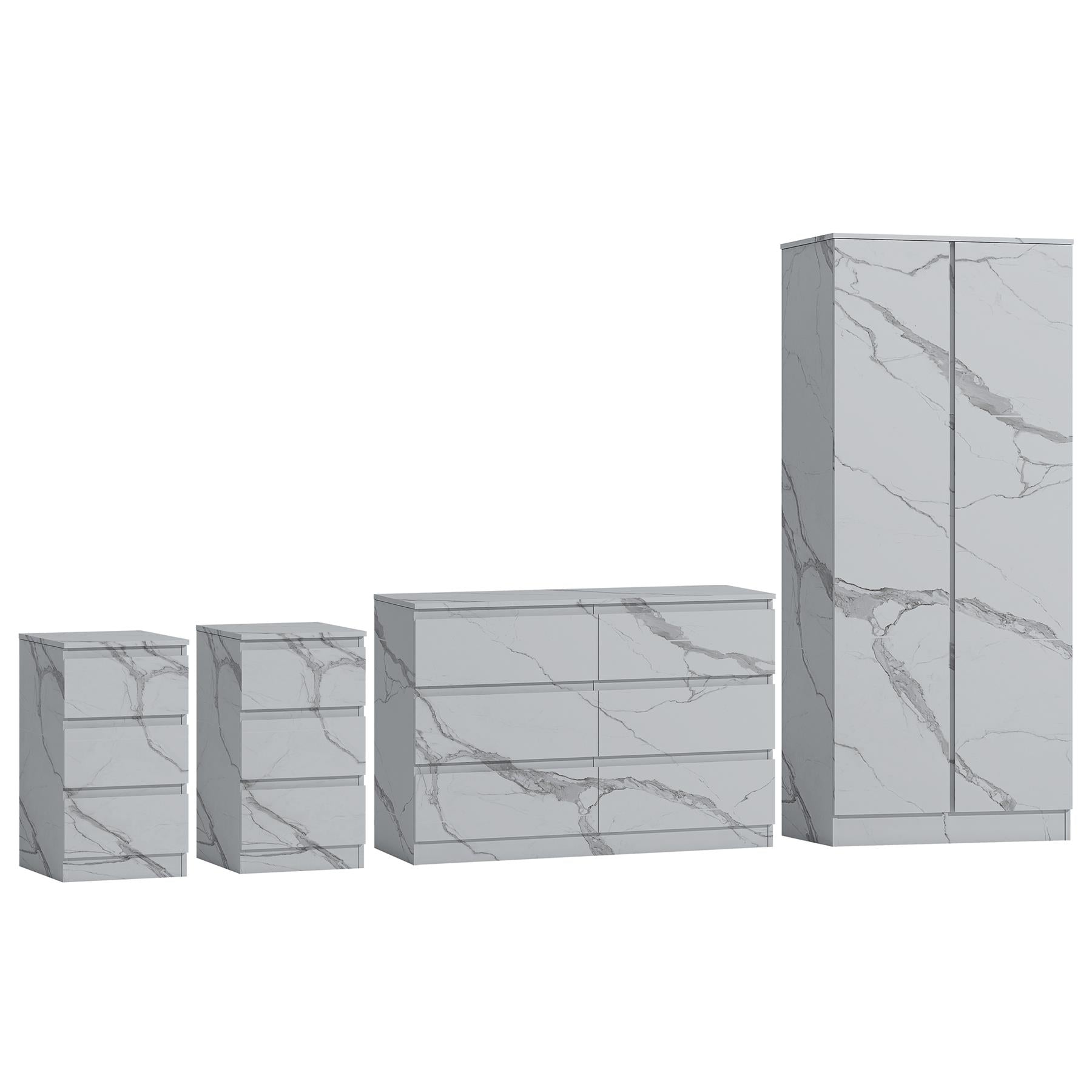 ZITA 4pc Bedroom Set White Marble Effect - Wardrobe, 6 Drawer Chest & 2 Bedsides